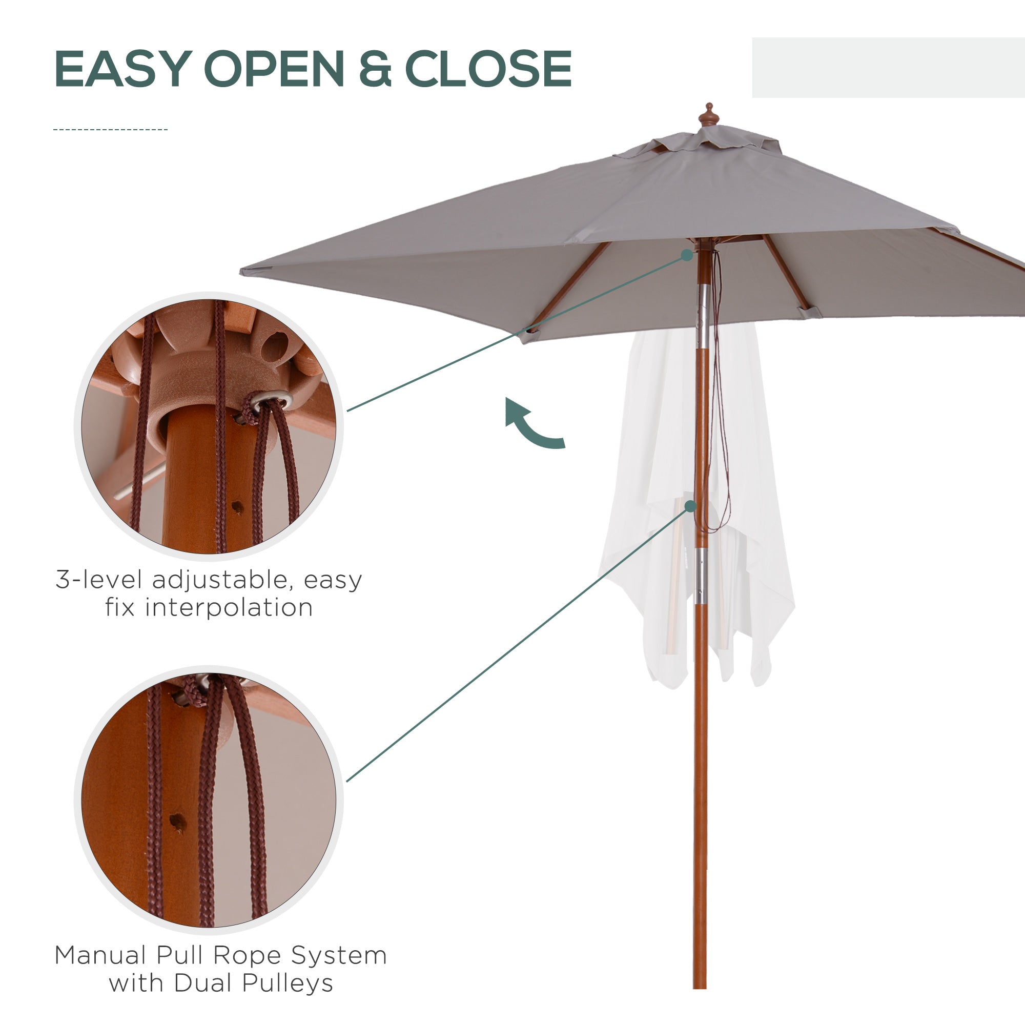 6.6 x 5ft Fir Wooden Patio Umbrella Market Parasol Tilt Mechanism 6 Ribs Garden Sunshade, Grey