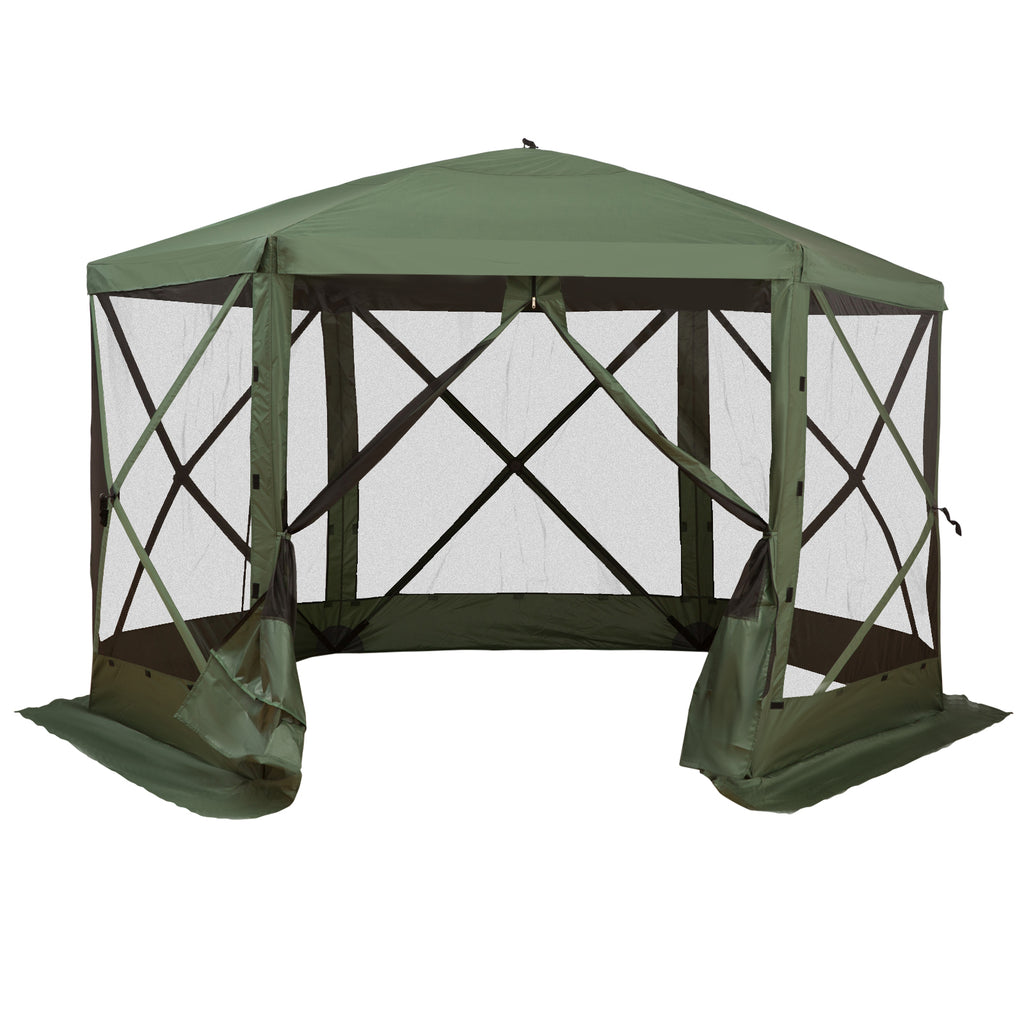 12' x 12' Hexagon Automatic Pop Up Screen Tents Camping Shelter Picnic Canopy Outdoor Sun Shade with Mesh Sidewalls and Carry Bag, Green