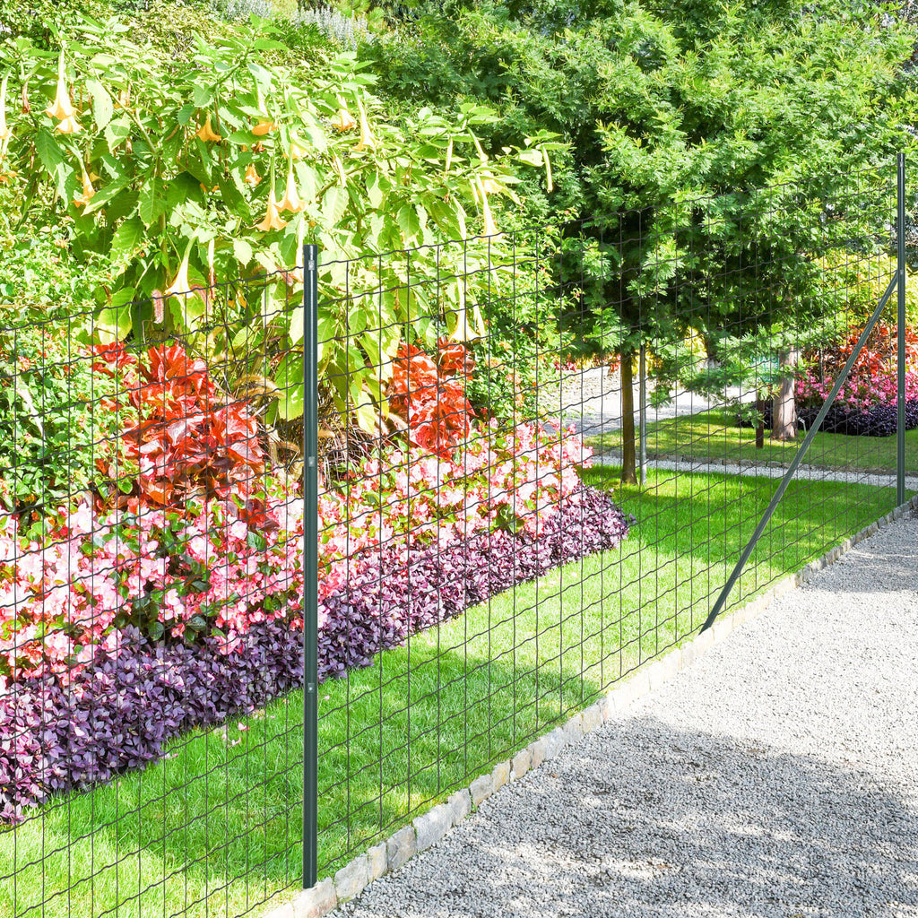 Garden Fence Barrier, Welded Fence Roll, Includes Posts & Support Braces, Green Plastic-Coated Steel
