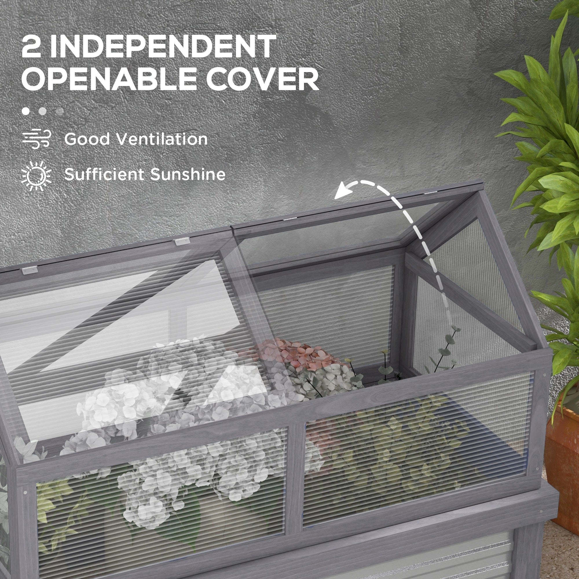 Raised Garden Flower Bed Kit with Greenhouse, Wooden Cold Frame Planter with Open Roofs, 48" x 24" x 32", Grey