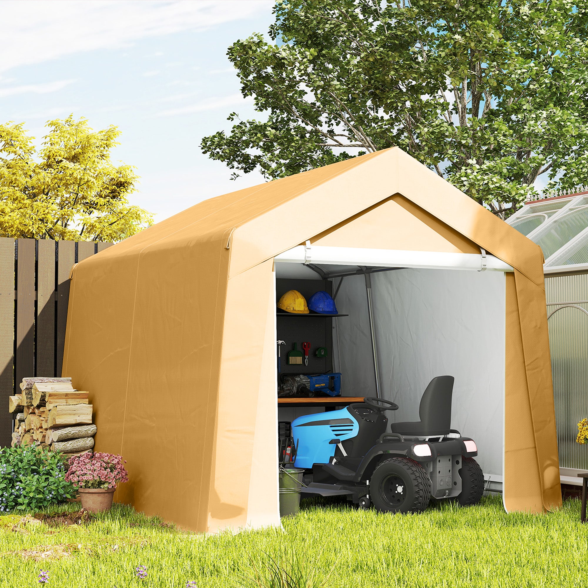 10' x 10' Outdoor Storage Shed Portable Garage with Roll-up Door for Motorcycle, Bike, Garden Tools, Beige