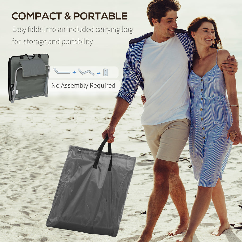 Set of 2 Sun Lounger Beach Mat Folding Lounge Chair Mat with Adjustable Back Steel Frame Head Pillow Carry Bag Grey