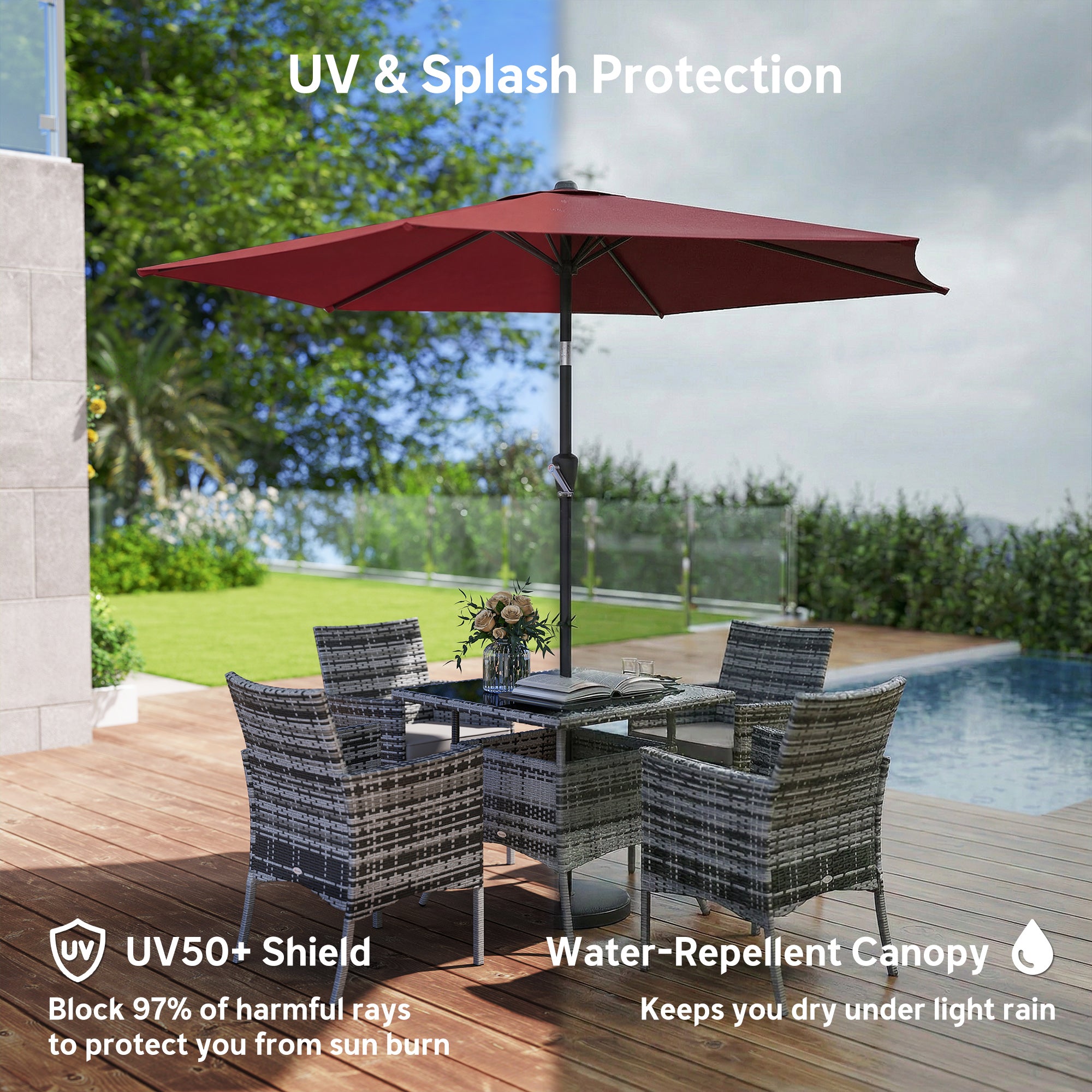 9FT Patio Umbrella, Outdoor Table Patio Umbrellith Tilt, Crank, 6 Ribs, UV Protection for Garden, Lawn, Deck, Backyard