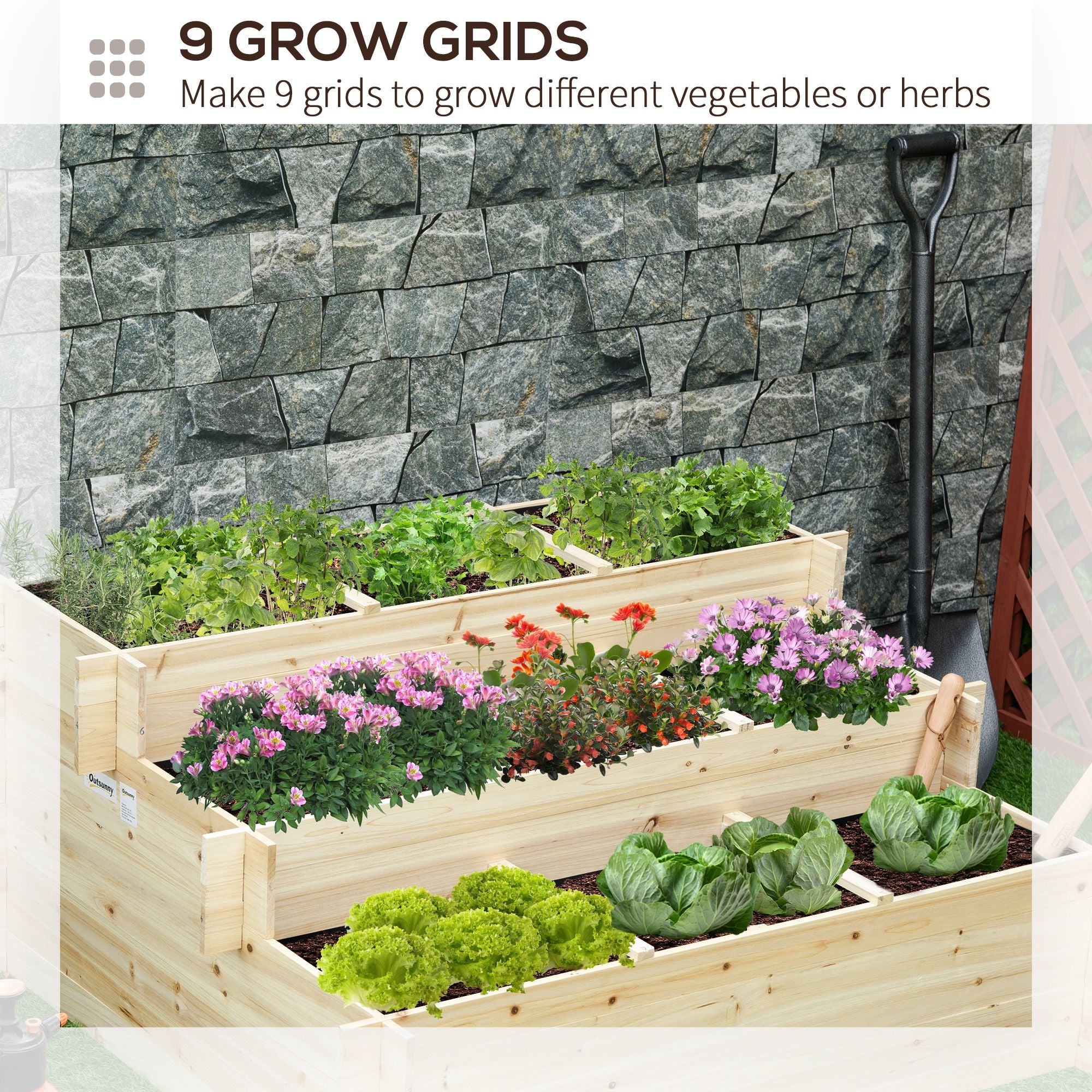 3 Tier Raised Garden Bed with 9 Grow Grids and Bed Liner for Garden, Outdoor to Vegetables, Flowers, Natural