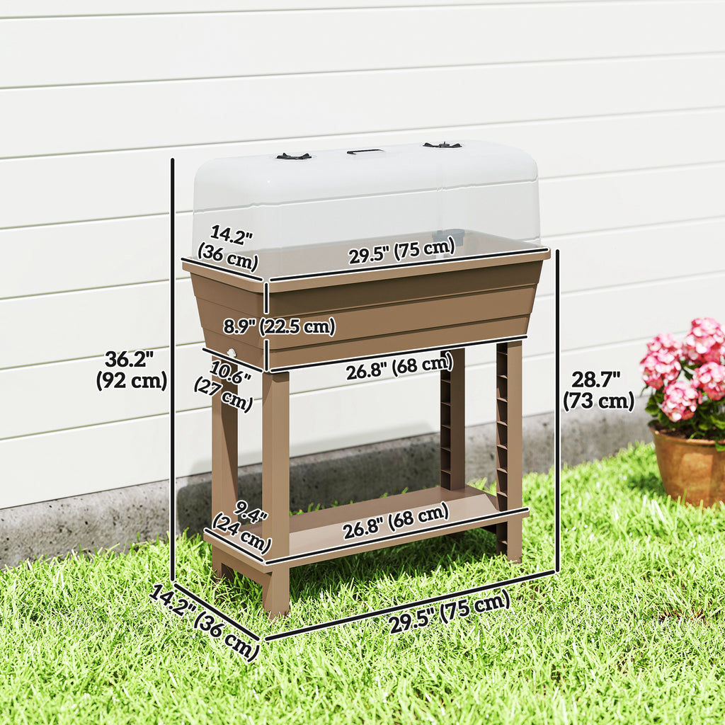41L Self Watering Raised Garden Bed w/ Ventilation Transparent Lid Greenhouse, Planter Box w/ Storage Shelf, Brown