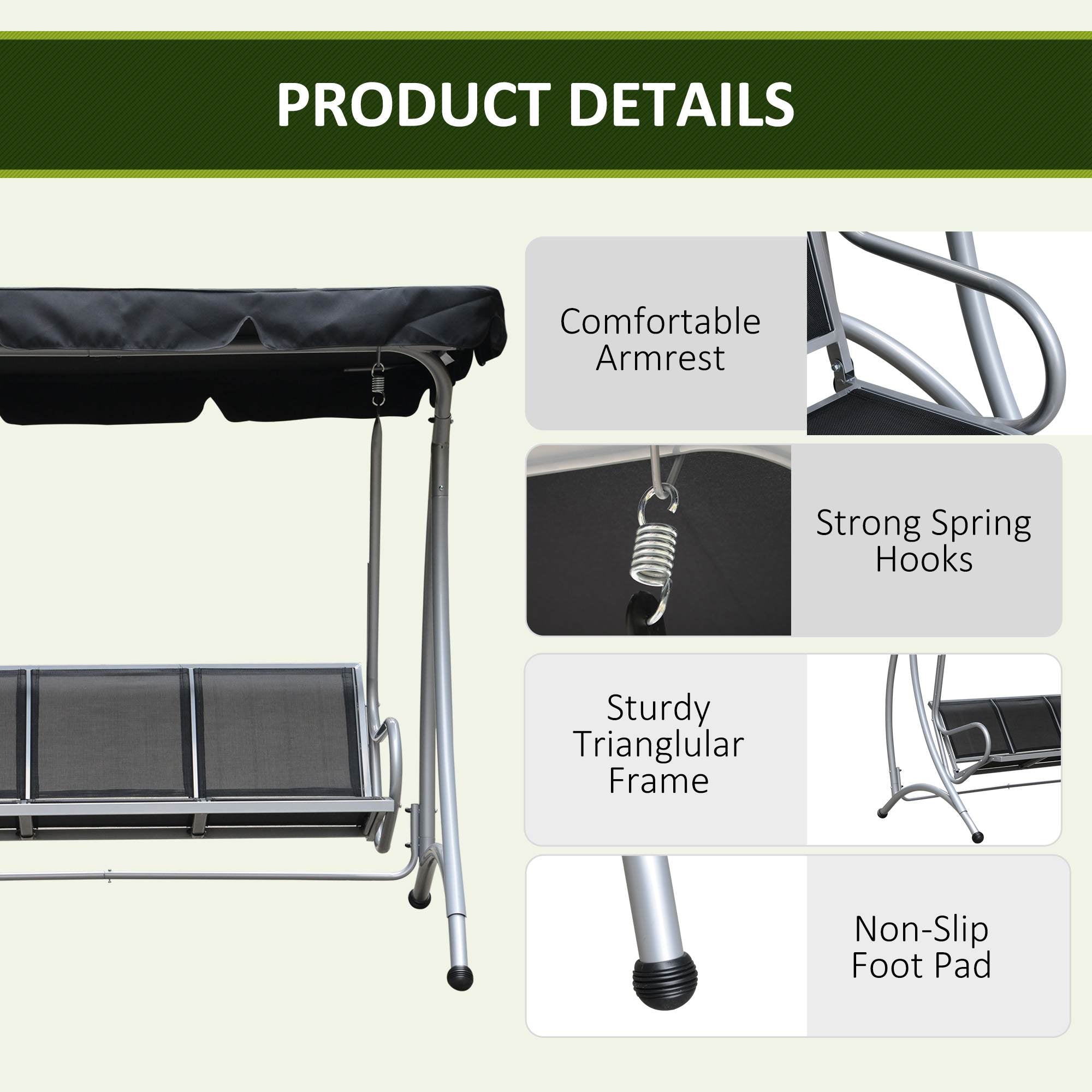 3-Seater Outdoor Swing Chair Bench with Adjustable Canopy, Black