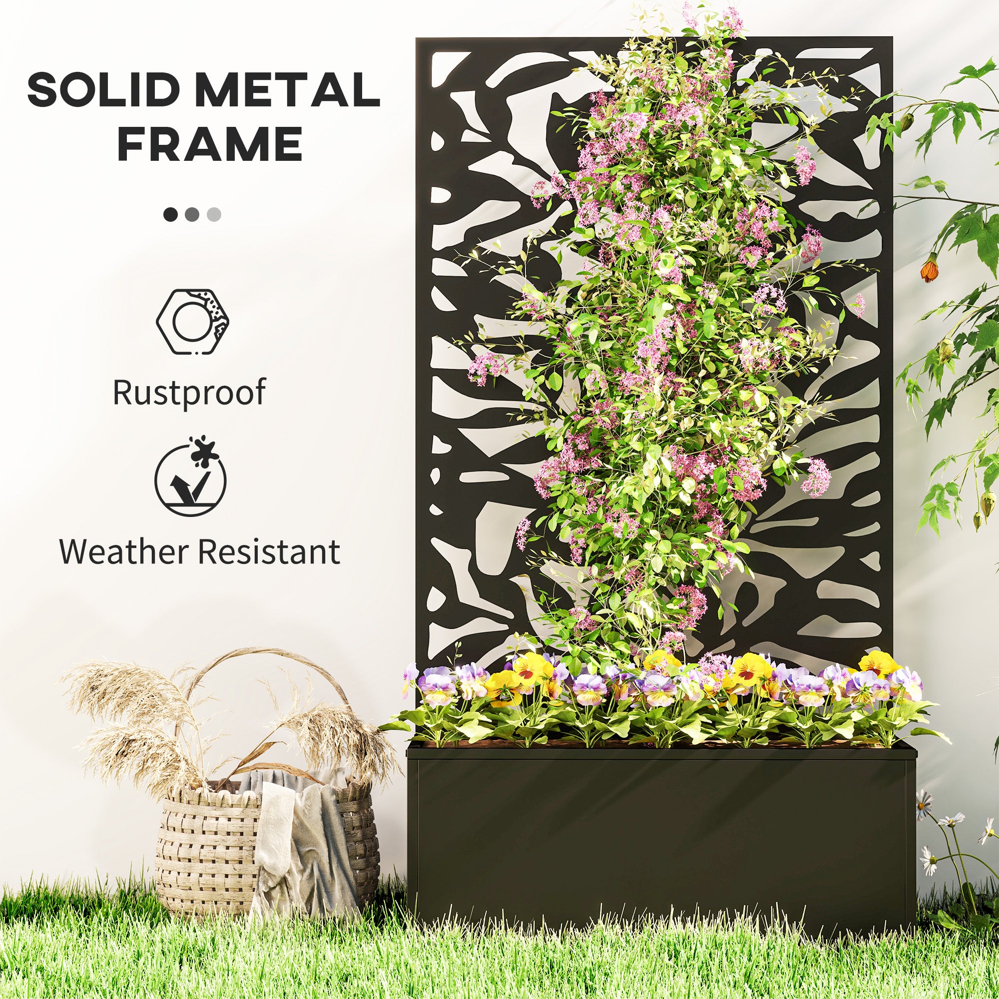 Raised Garden Bed with Trellis, Outdoor Privacy Screen with Planter Box, 24" x 9.1" x 44.5", Black