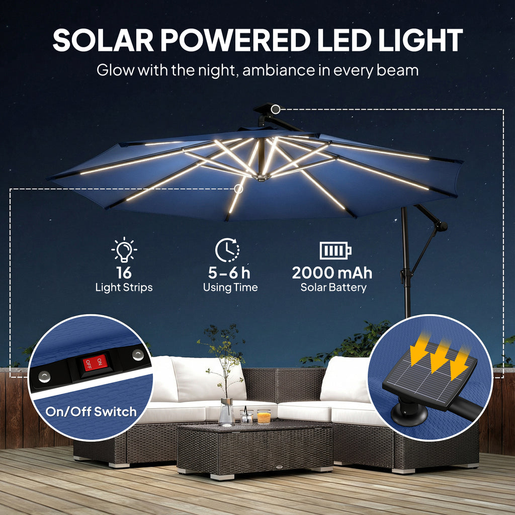 10 ft Offset Patio Umbrella with Solar Light, Garden Hanging Parasol with 360Â° Rotation, Tilt, Cover, Navy Blue