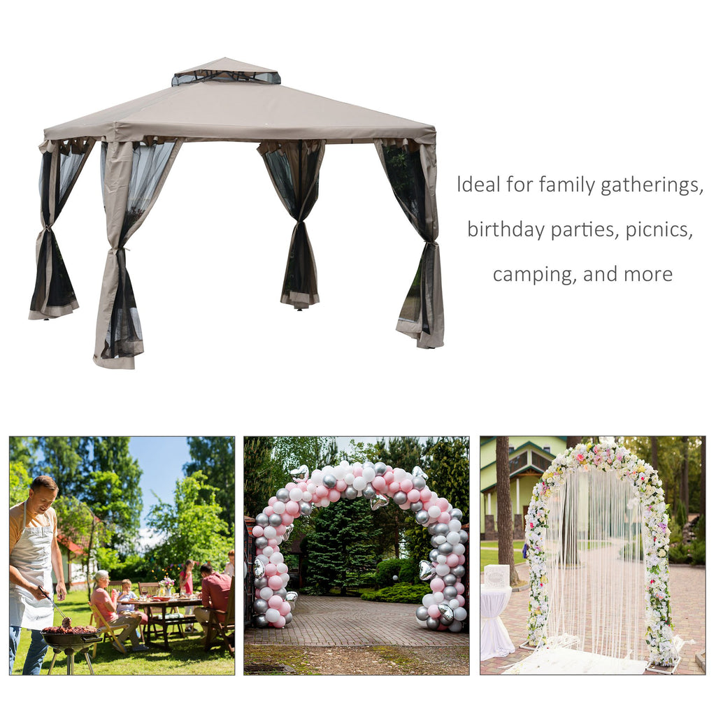 10' x 10' Patio Gazebo Pavilion, 2-Tier Roof Canopy Outdoor Event Party Tent with Steel Frame for Garden, Yard and Sun Shade Use, Brown