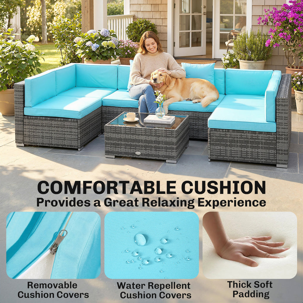 7 Pieces Outdoor Rattan Furniture Set, Patio Wicker Sectional Conversation Sofa Set, Blue
