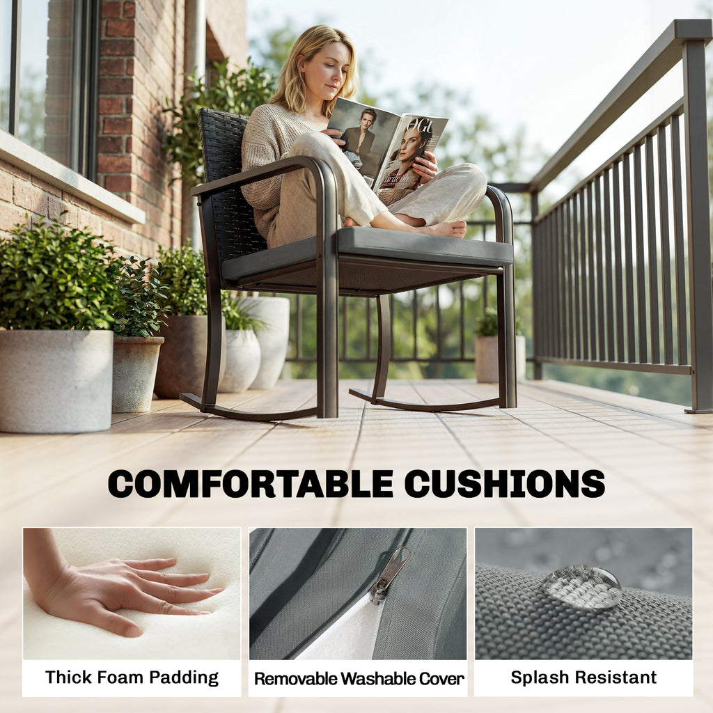 3 Pieces Rocking Bistro Set Outdoor Patio Furniture Set with Cushions, Glass Coffee Table for Balcony, Grey