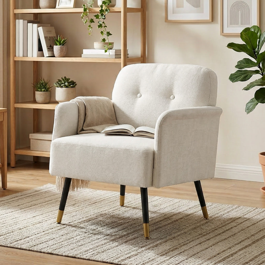 Accent Chair Modern Tufted with Metal Legs Upholstered Reading Armchair for Living Room Cream White
