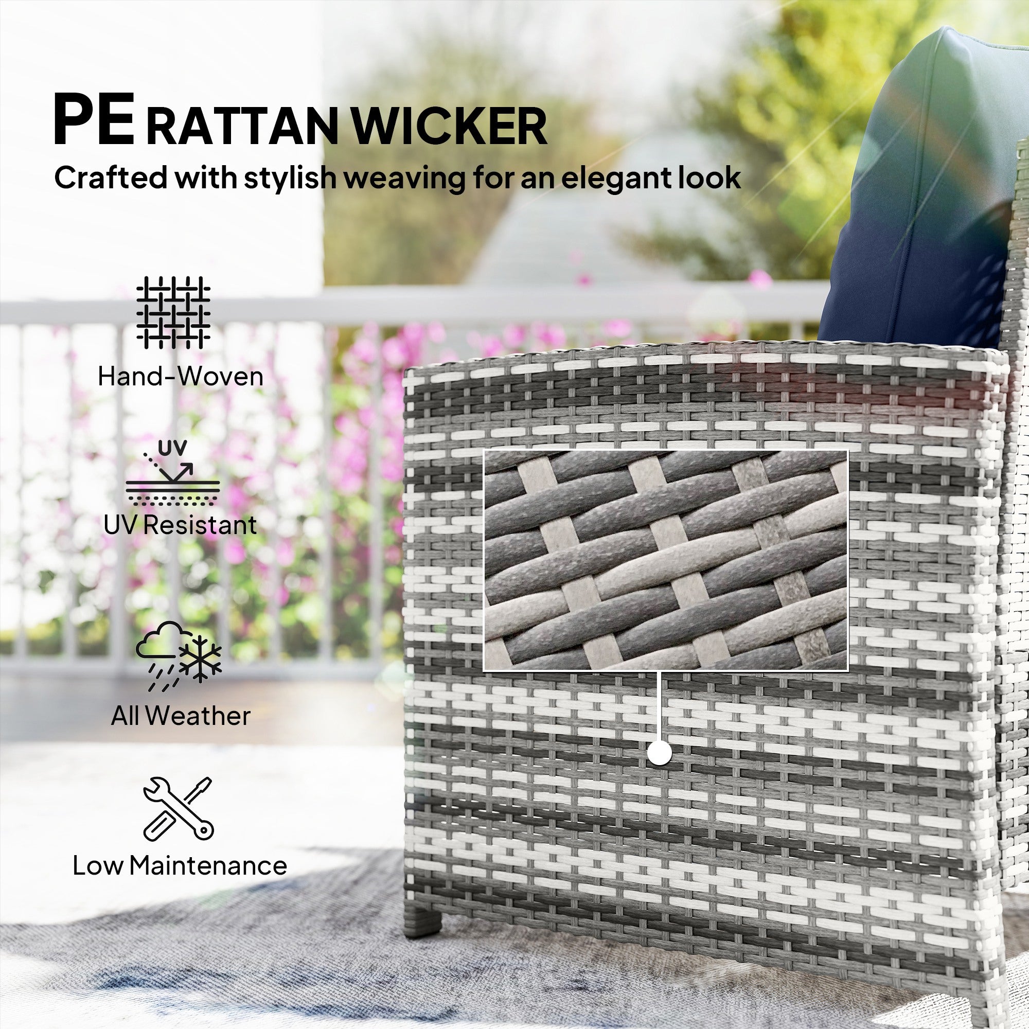 5 Piece Patio Furniture Set, Wicker Patio Chairs with Ottomans, 2-Tier Glass Coffee Table and Cushions, Grey/Dark Blue