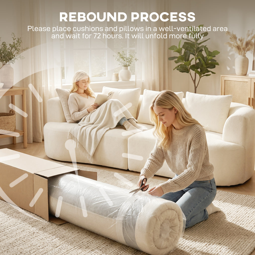 3 Seater Sofa, 102" Chenille Boneless Couch with Wide Seat, Spring Cushions, High-Density Foam, 3 Pillows, Cream White