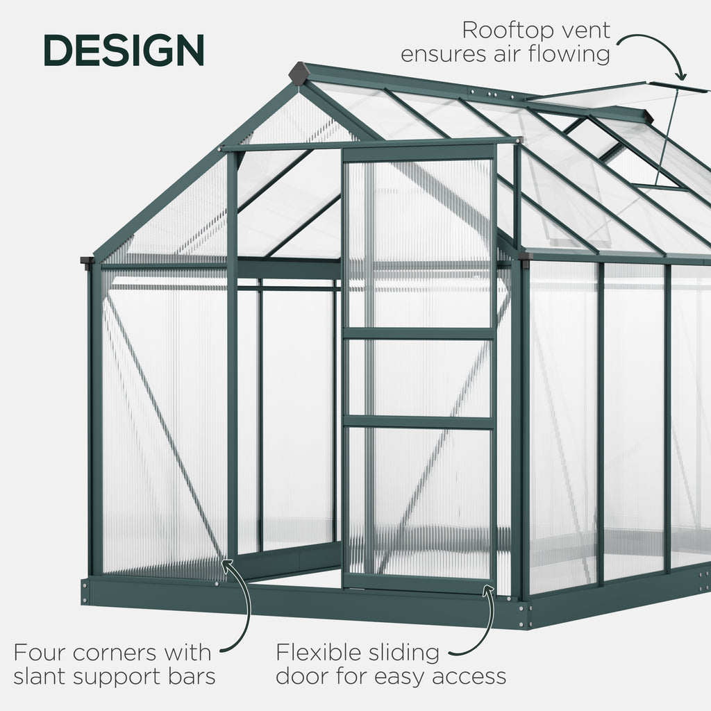 6' x 10' x 6.6' Polycarbonate Greenhouse, Walk-In Green House Kit Garden, Plants Grow, Galvanized Sheet Aluminum Frame with Rain Gutter, Vents and Sliding Door, Green