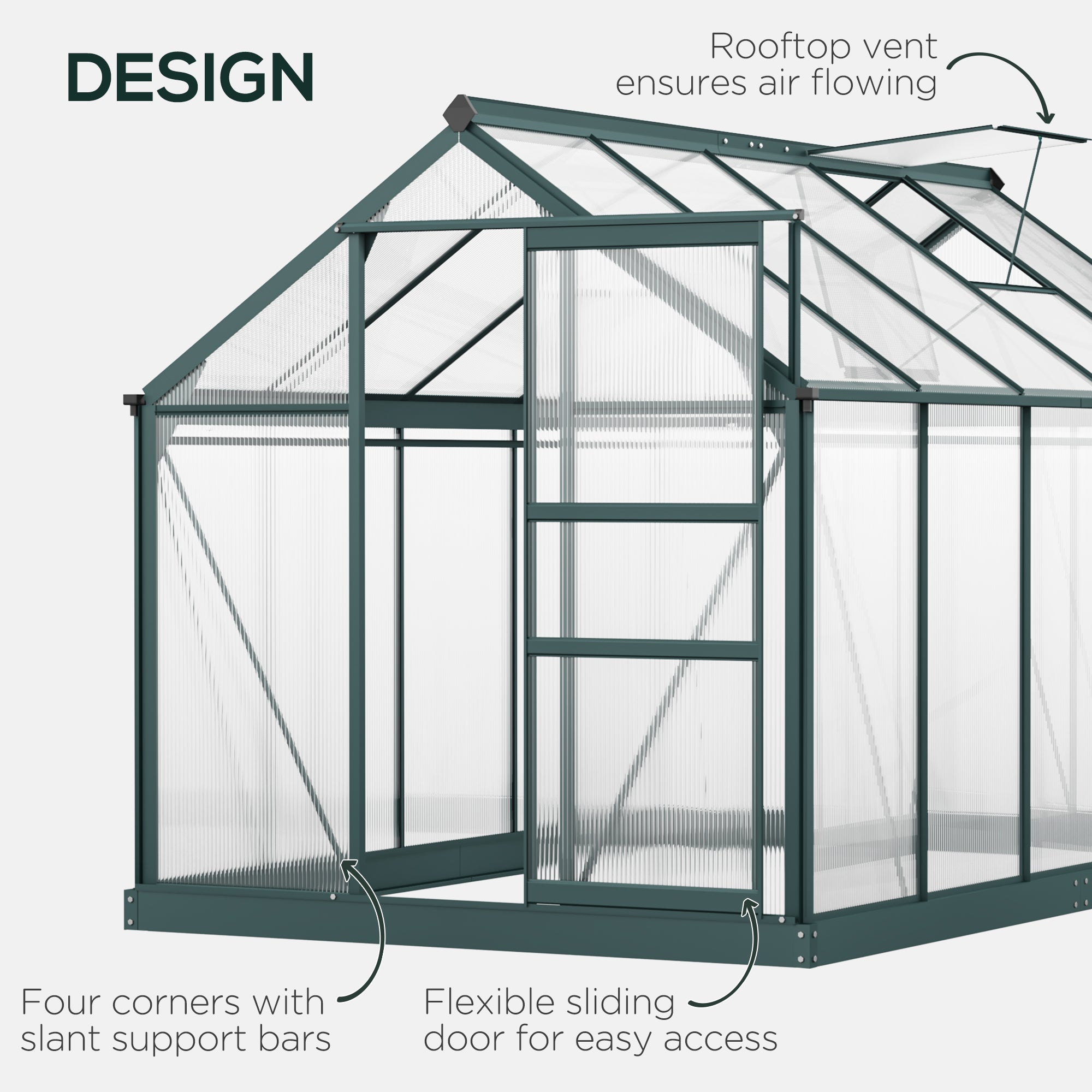 6' x 10' x 6.6' Polycarbonate Greenhouse, Walk-In Green House Kit Garden, Plants Grow, Galvanized Sheet Aluminum Frame with Rain Gutter, Vents and Sliding Door, Green