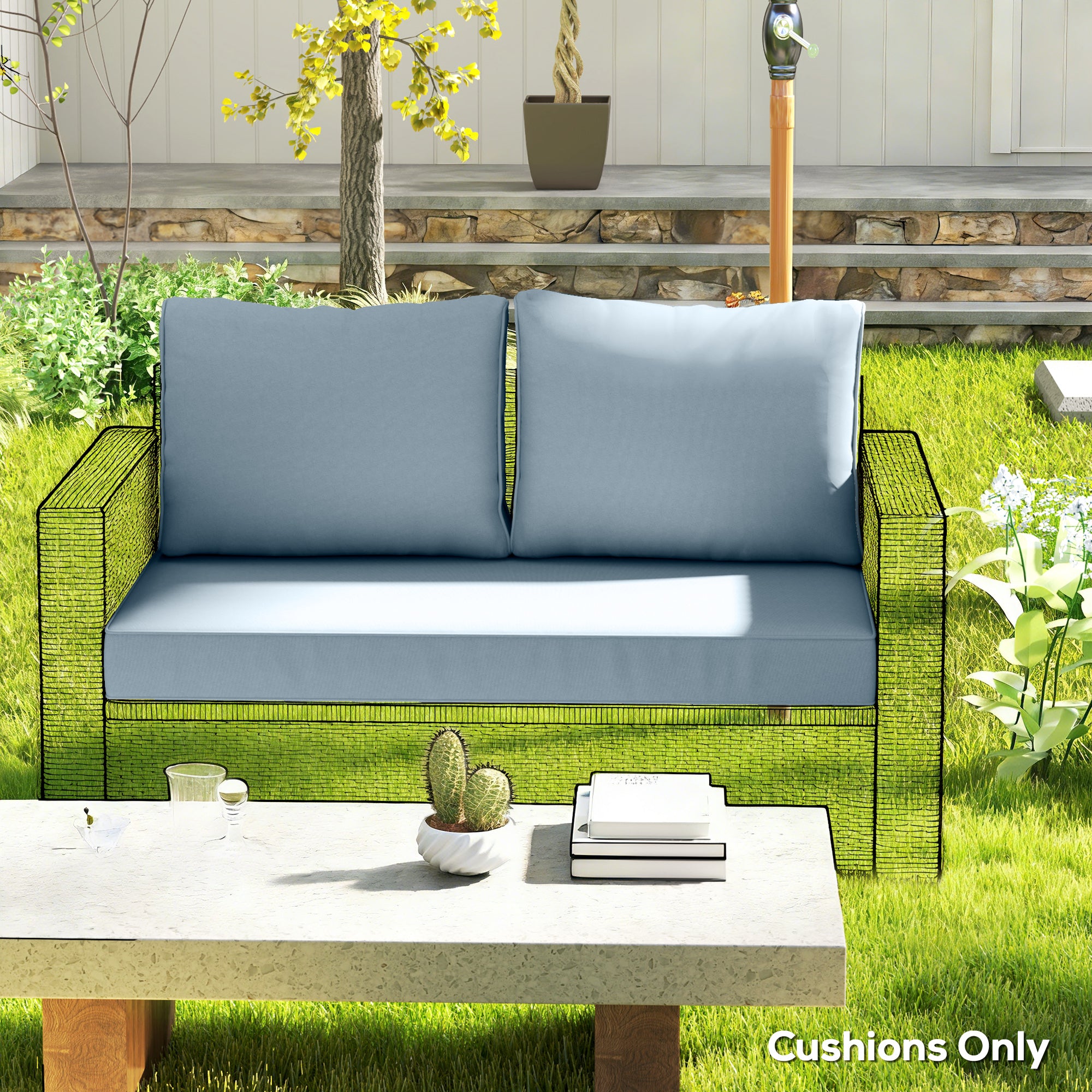 Outdoor Seat Cushions with Backrest, Loveseat Double Sofa Outdoor Furniture Cushions, Light Blue