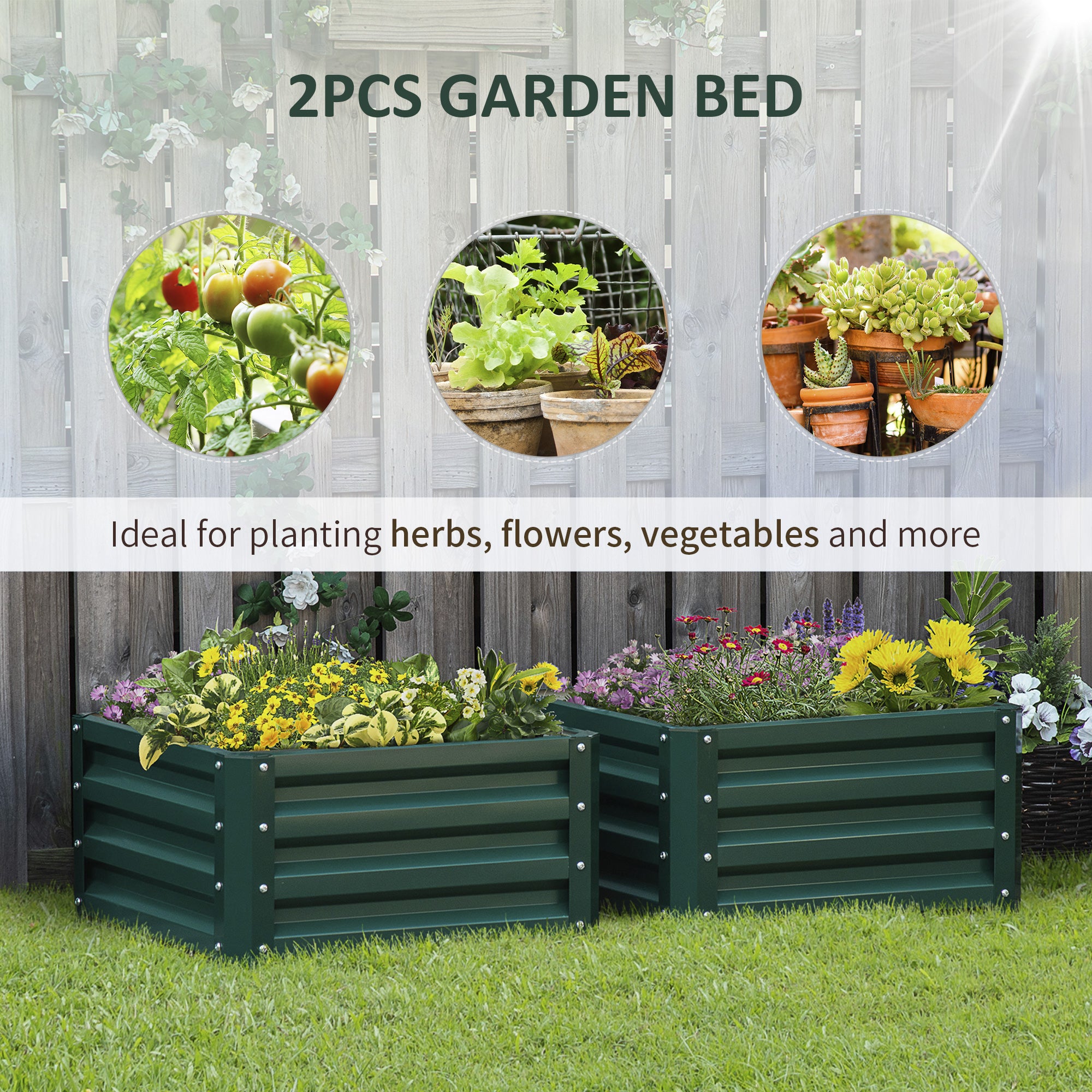 2' x 2' x 1' 2-Pieces Raised Garden Bed with Galvanised Steel Frame for Vegetables, Flowers, Herbs, Green