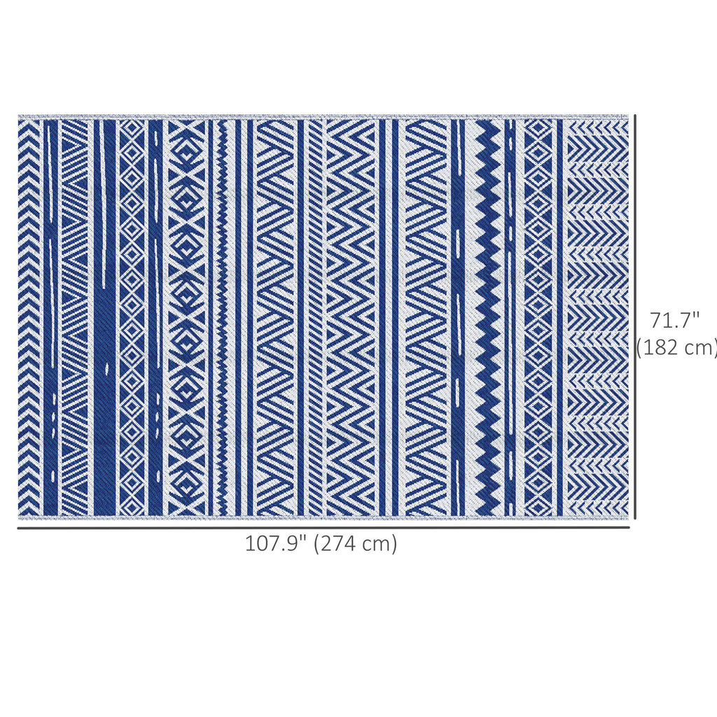 Reversible Outdoor Rug, Patio Floor Mat, 6'x9' Plastic Straw Rug for Backyard Deck, Beach, Camping, Dark Blue and White