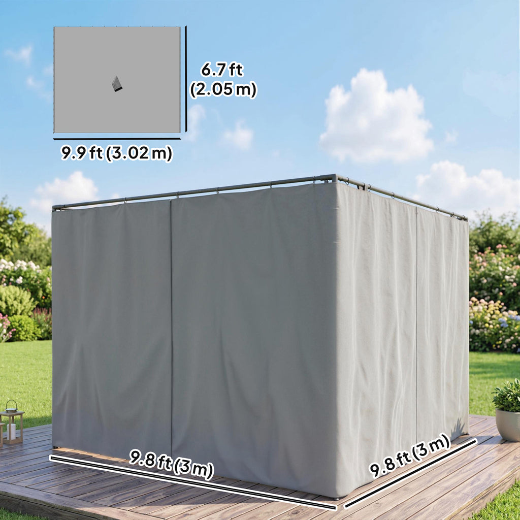 Gazebo Curtains, 10' x 10' Universal Replacement Privacy Curtain, 4-Panels Sidewall with Hooks/C-Rings, Light Grey