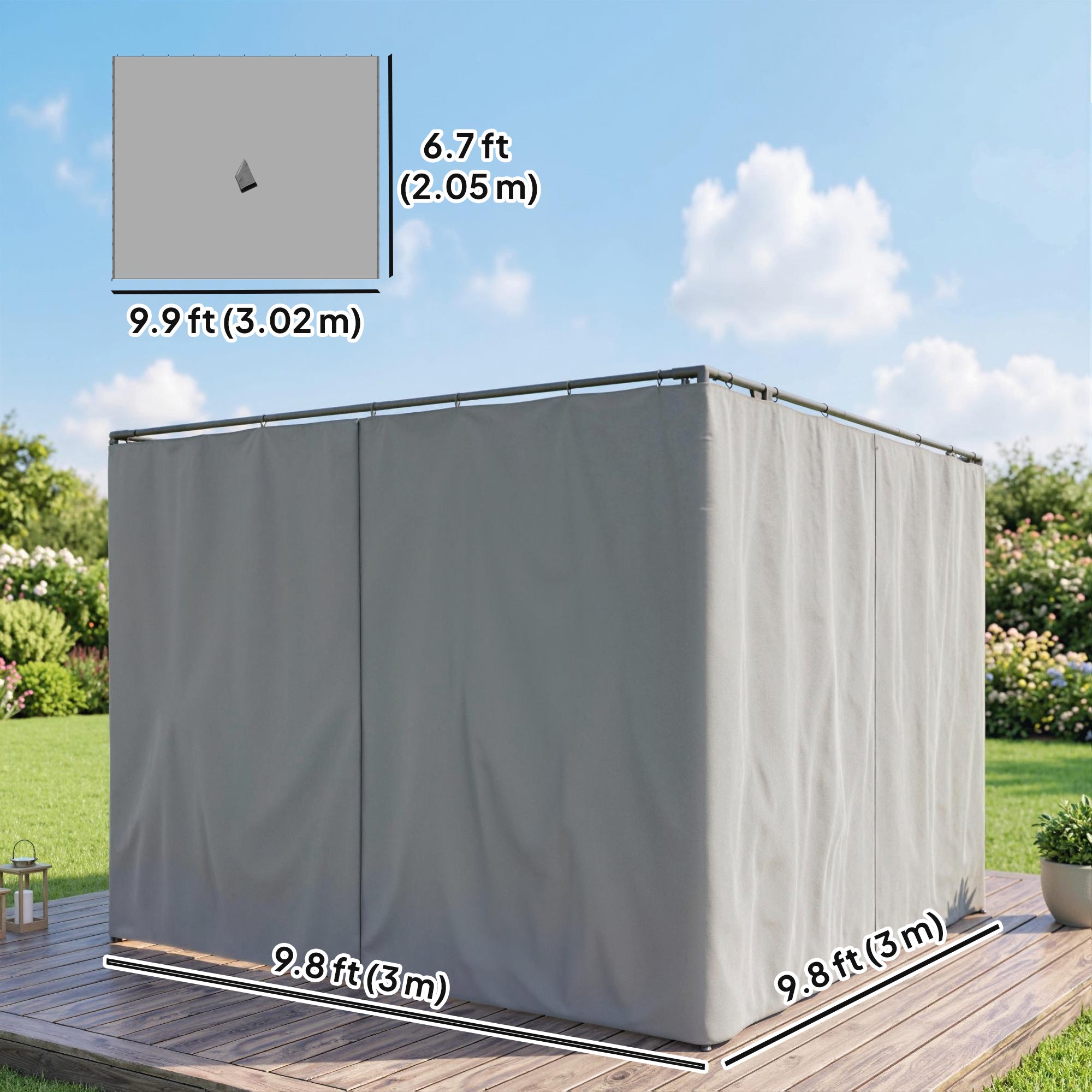 Gazebo Curtains, 10' x 10' Universal Replacement Privacy Curtain, 4-Panels Sidewall with Hooks/C-Rings, Light Grey
