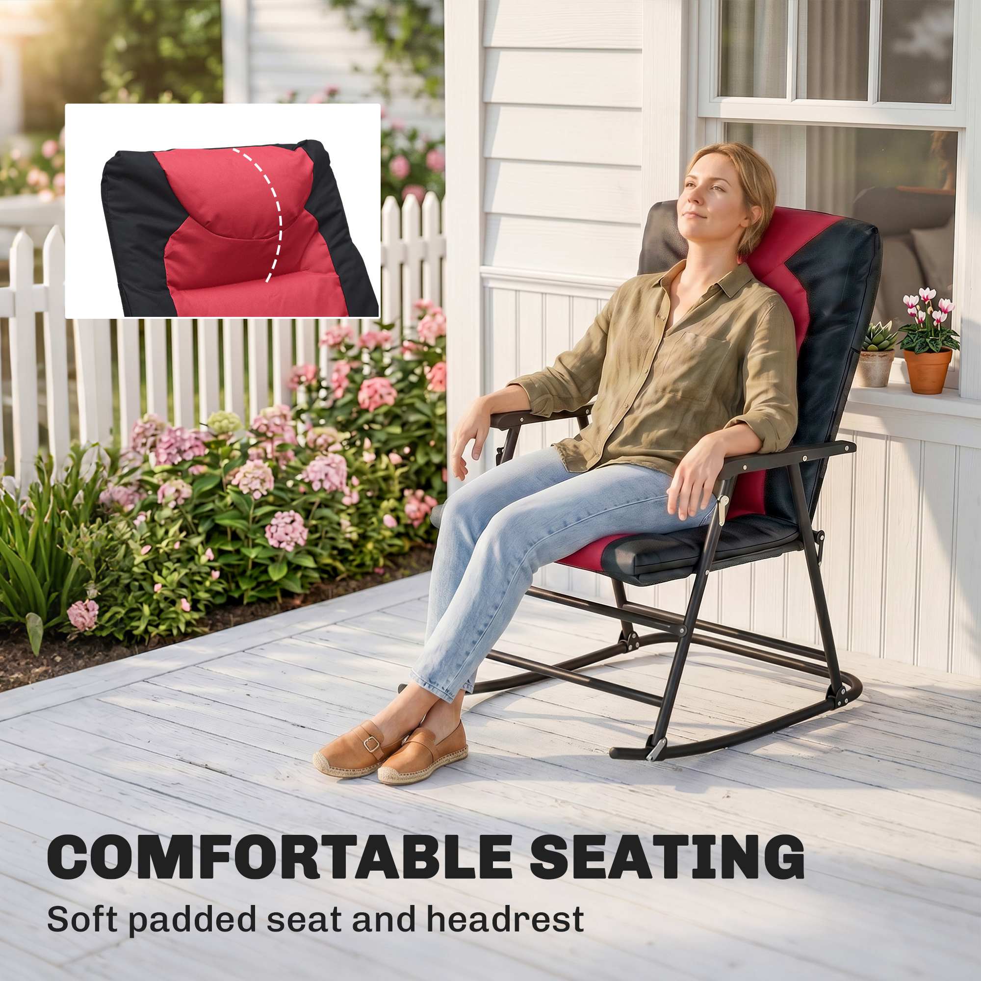 3pc Patio Foldable Rocking Chair Set, Outdoor Rocking Chairs and Table Set w/ Padded Seat, Headrest, Backrest for Backyard, Garden, Red
