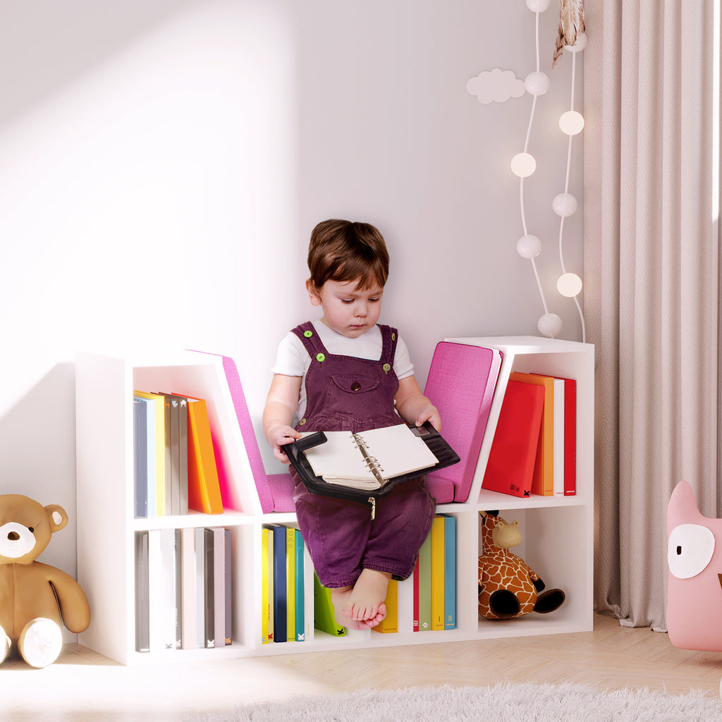 6-Cubby Bookcase with Seat Cushion, Cube Storage Shelf with Reading Nook for Home Office, Study, Pink