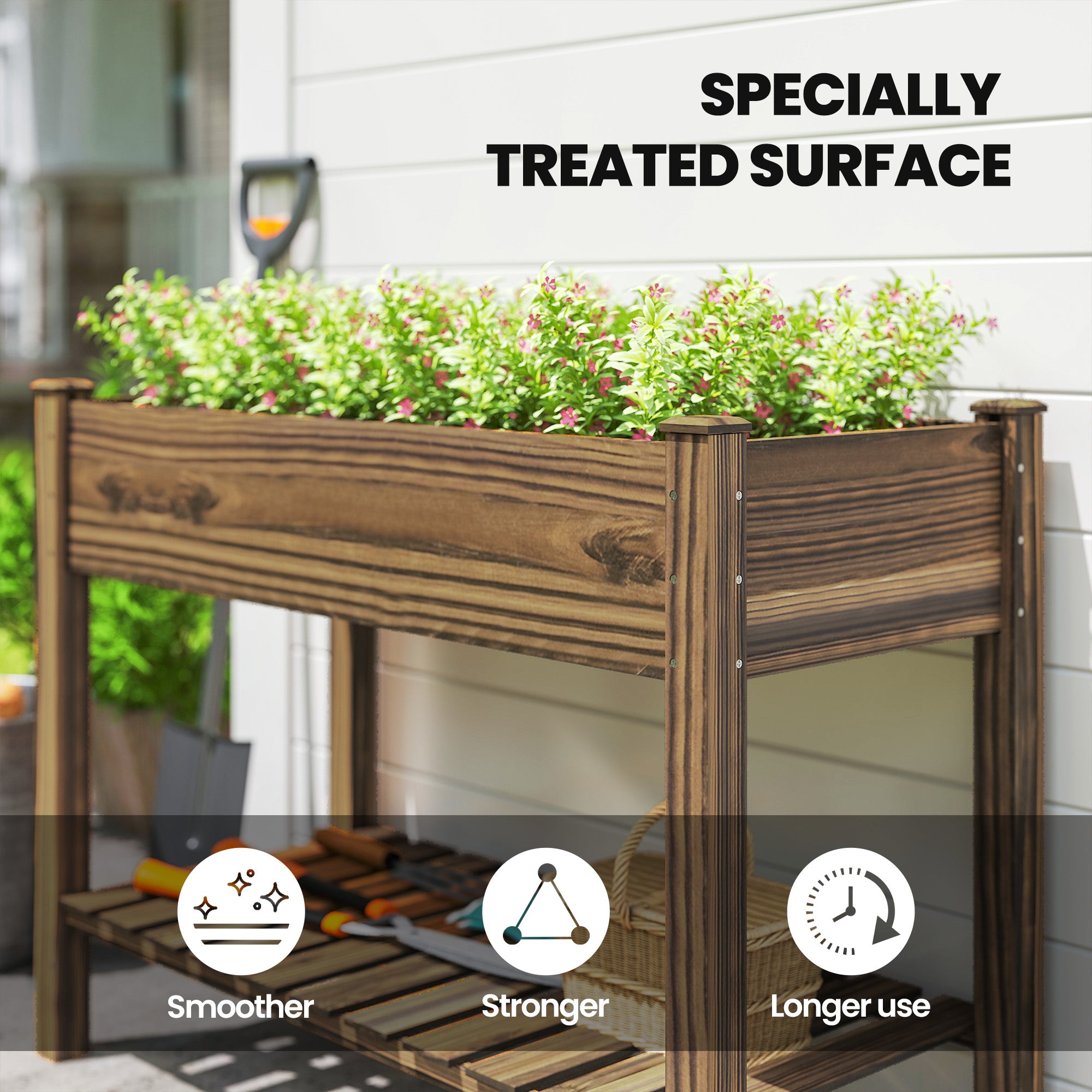 Elevated Planter Box w/ Legs and Storage Shelf, Raised Garden Bed, Elevated Wooden Planter Box, Carbonized