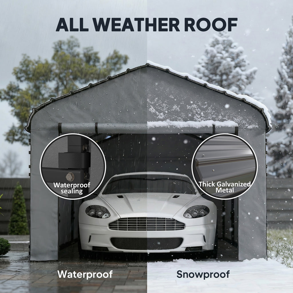 10' x 15' Metal Carport, Heavy Duty Garage Car Shelter with Galvanized Metal Roof and Removable Sidewalls, Light Grey