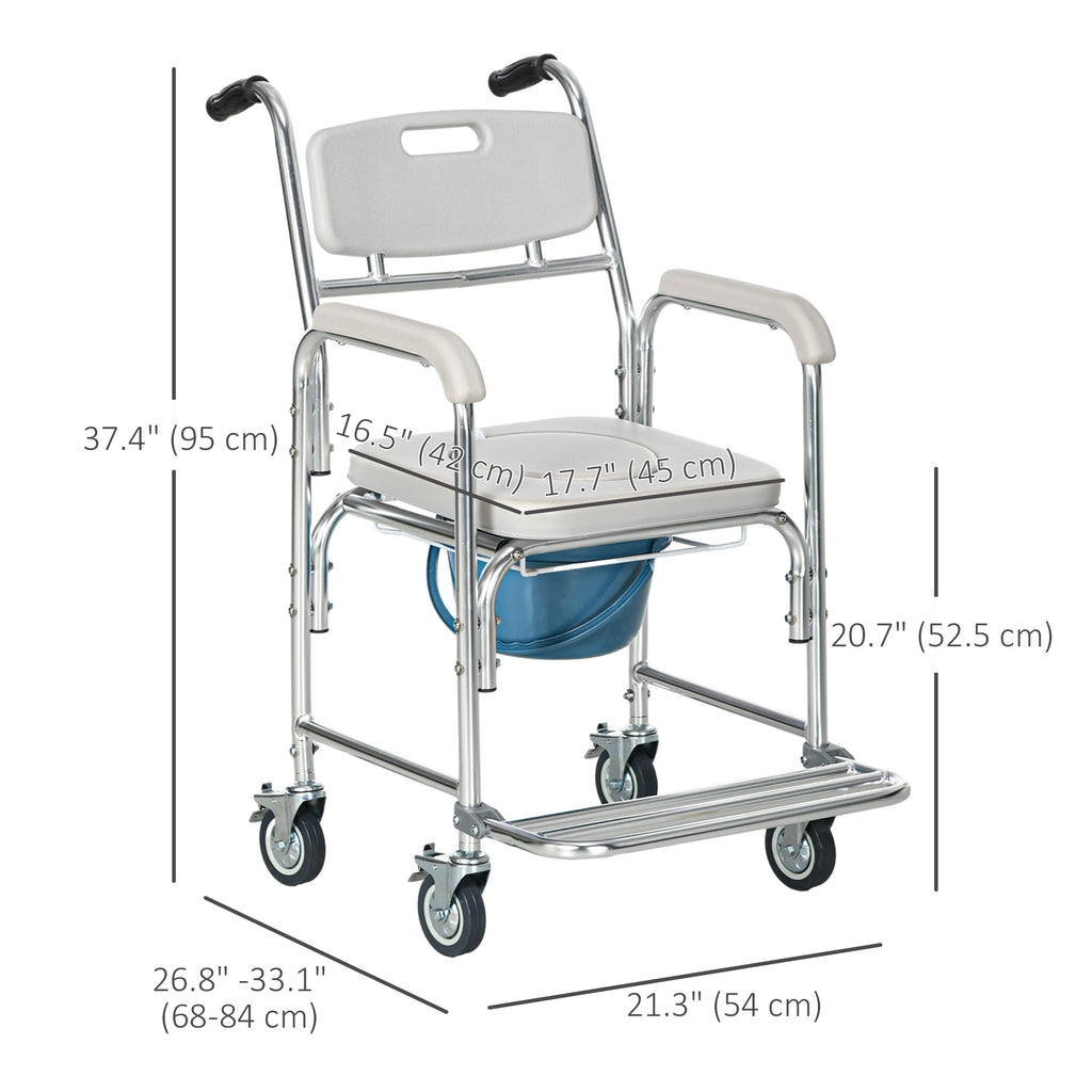 3-in-1 Shower Commode Wheelchair, Transport Beside Commode Chair with Padded Seat for the Elderly, Disabled