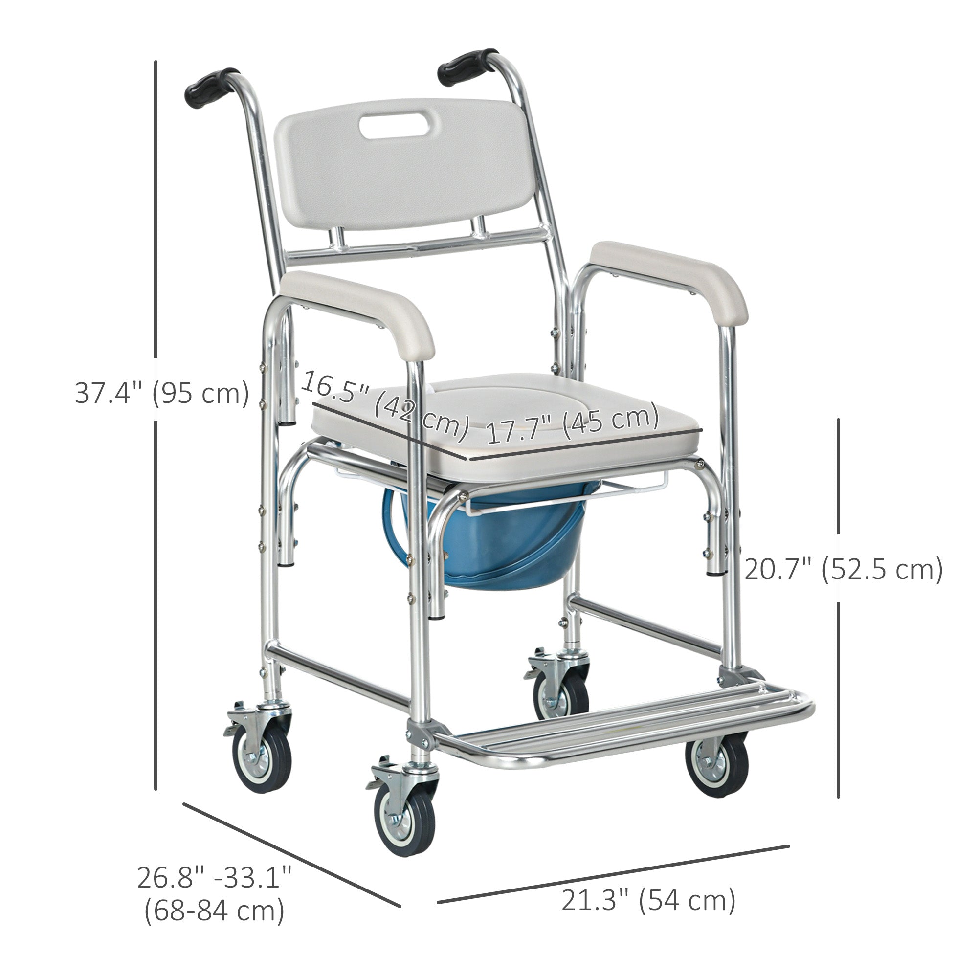 3-in-1 Shower Commode Wheelchair, Transport Beside Commode Chair with Padded Seat for the Elderly, Disabled