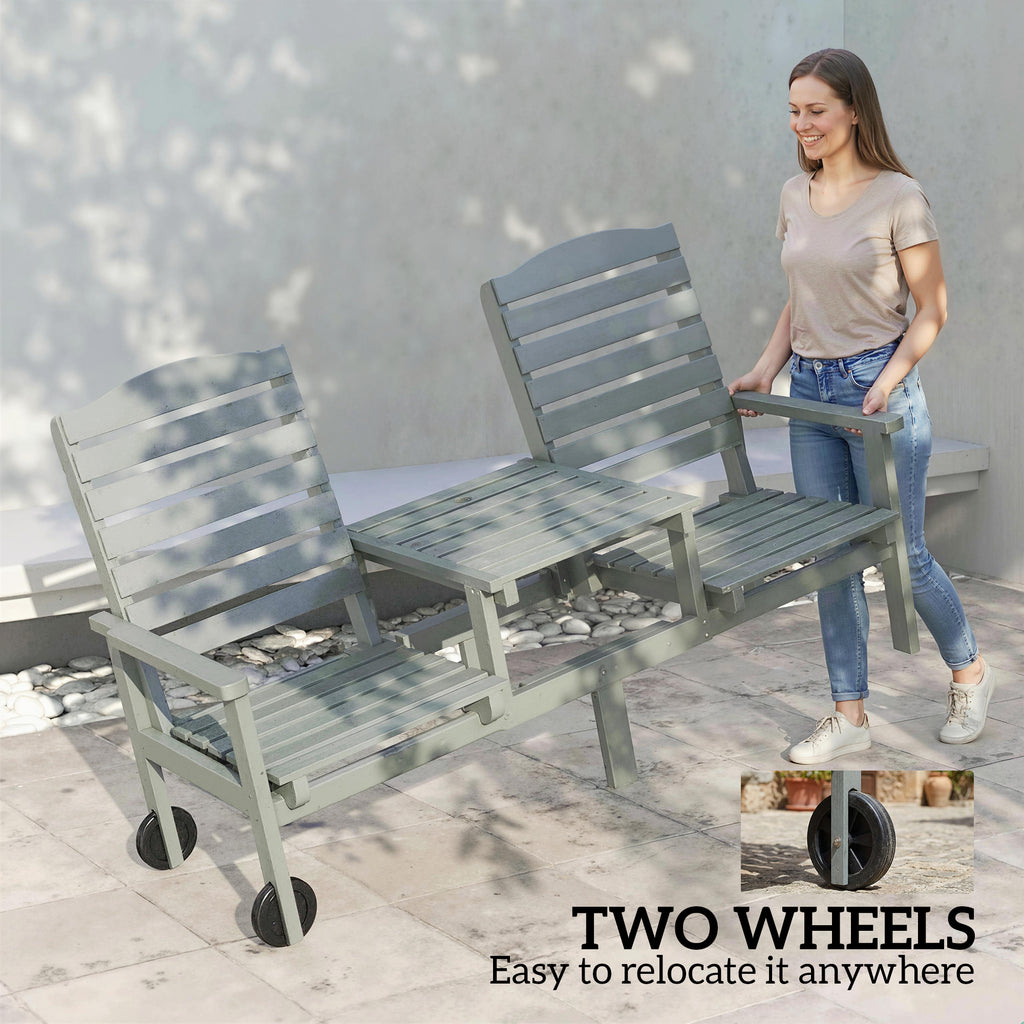 Outdoor Bench with Wheels and 3-Position Adjustable High Back, 2 Seater Outdoor Loveseat with Umbrella Hole, Grey