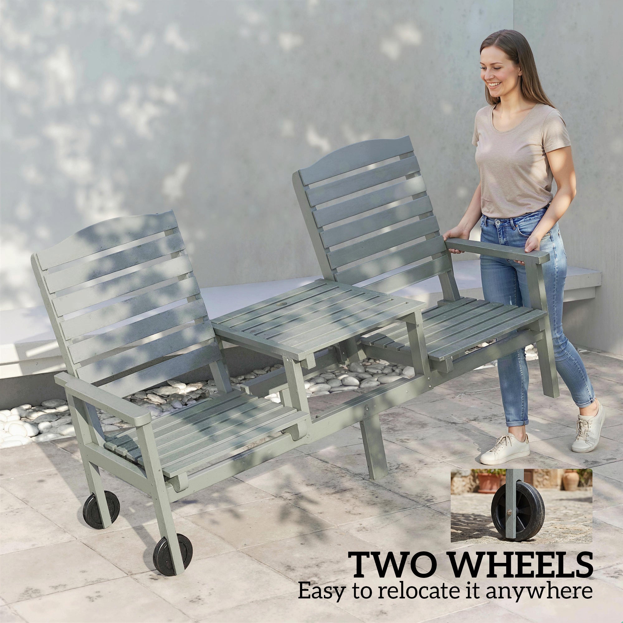 Outdoor Bench with Wheels and 3-Position Adjustable High Back, 2 Seater Outdoor Loveseat with Umbrella Hole, Grey
