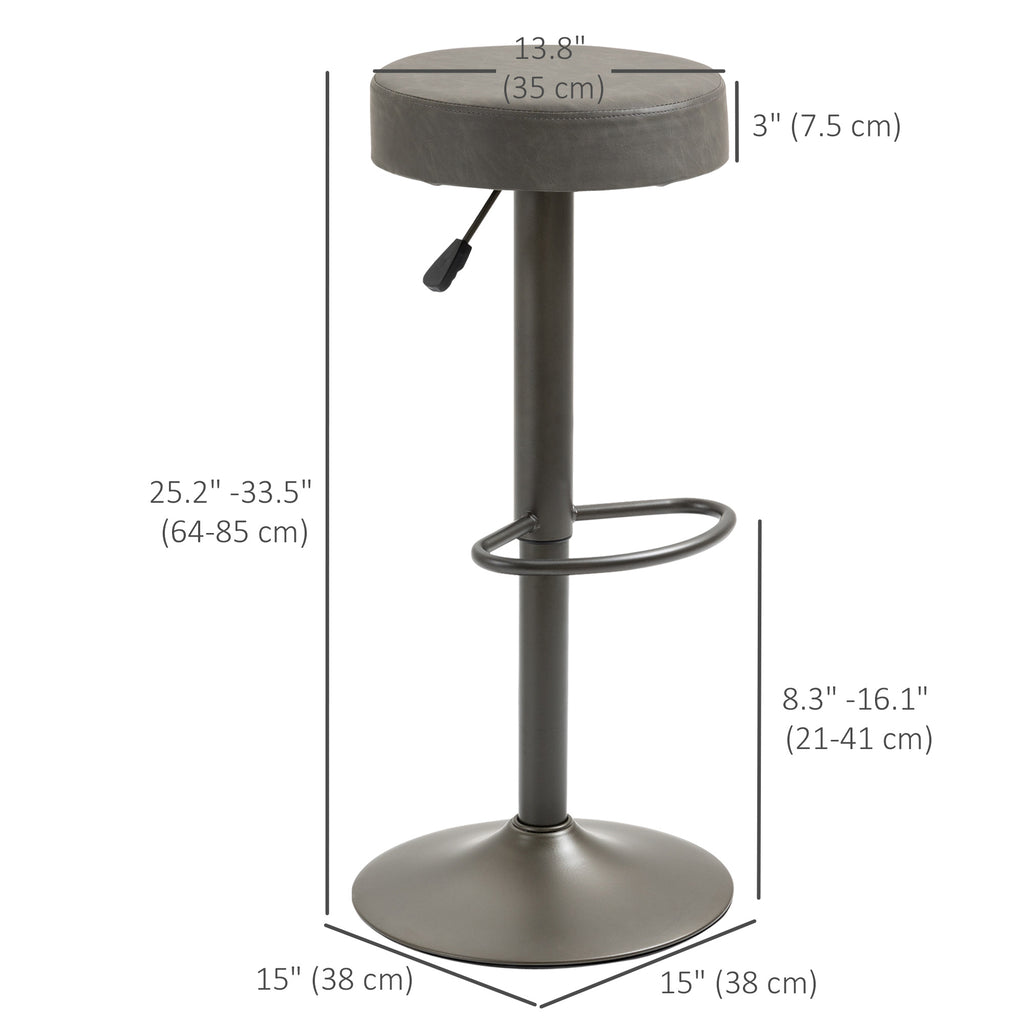 Modern Adjustable Bar Stools Set of 2, Swivel Barstool with Footrest, PU Leather Round Top for Kitchen, Dark Grey