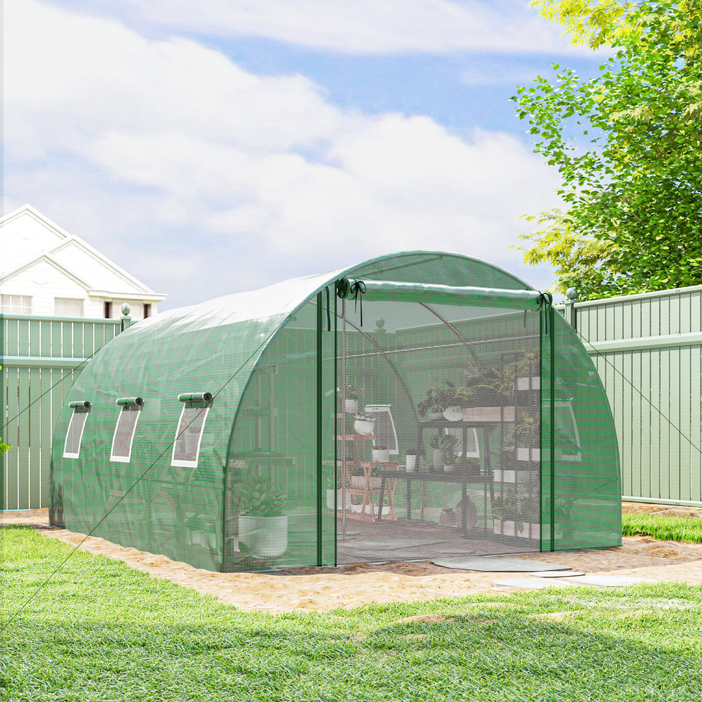 Walk-in Tunnel Greenhouse, Plant Hot House w/ Support Rods, Roll-up Mesh Door, Mesh Windows, 13'x9.8'x6.6', Green