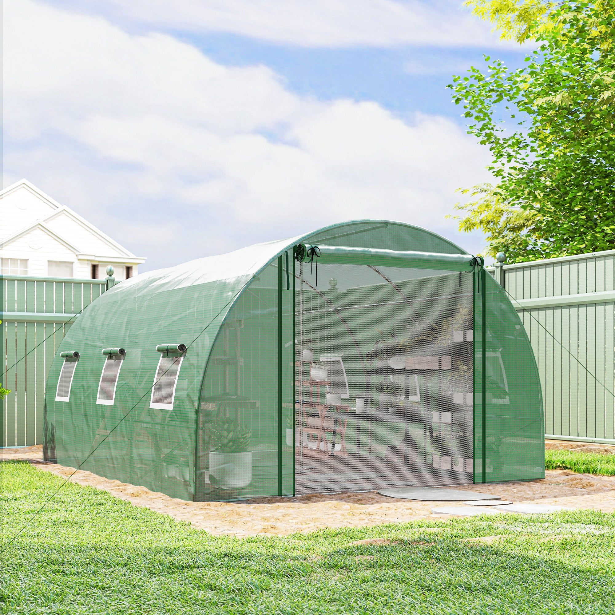 Walk-in Tunnel Greenhouse, Plant Hot House w/ Support Rods, Roll-up Mesh Door, Mesh Windows, 13'x9.8'x6.6', Green