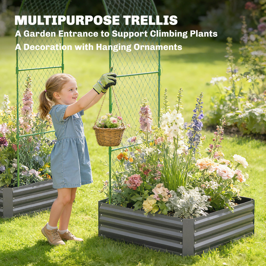 Metal Raised Garden Bed with Trellis, Galvanized Garden Bed Kit Outdoor Garden Box with Trellis, Dark Grey