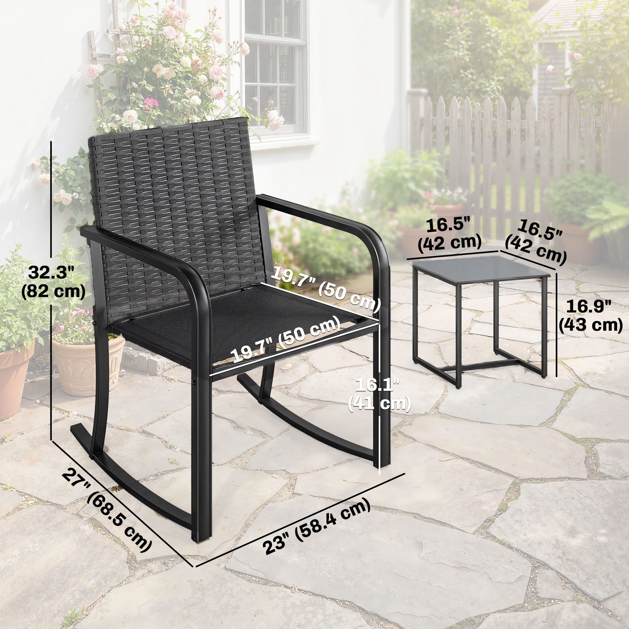 3 Pieces Rocking Bistro Set Outdoor Patio Furniture Set with Cushions, Glass Coffee Table for Balcony, Cream White