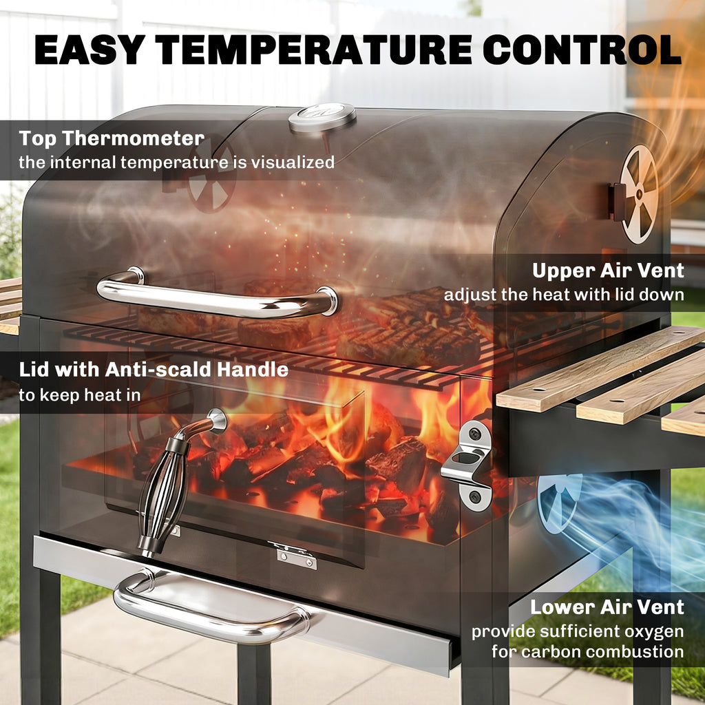 20" Charcoal BBQ Grill Barbecue on Wheels with Adjustable Charcoal Pan, Spacious Cooking Area, 3 Shelves, Thermometer