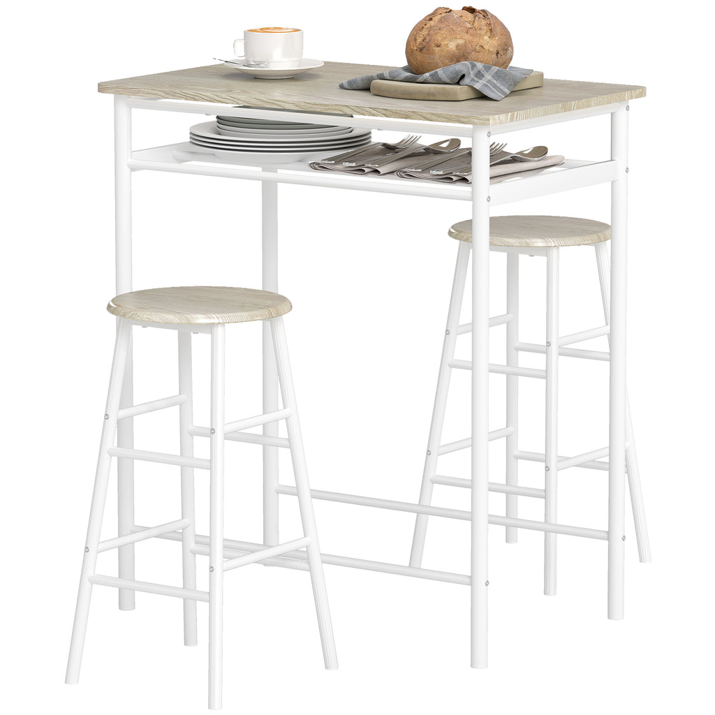 3 Piece Counter Height Bar Table Set with 1 Table, 2 Matching Stools, Dining Table Set with Storage Shelf and Metal Frame Footrest, White and Oak