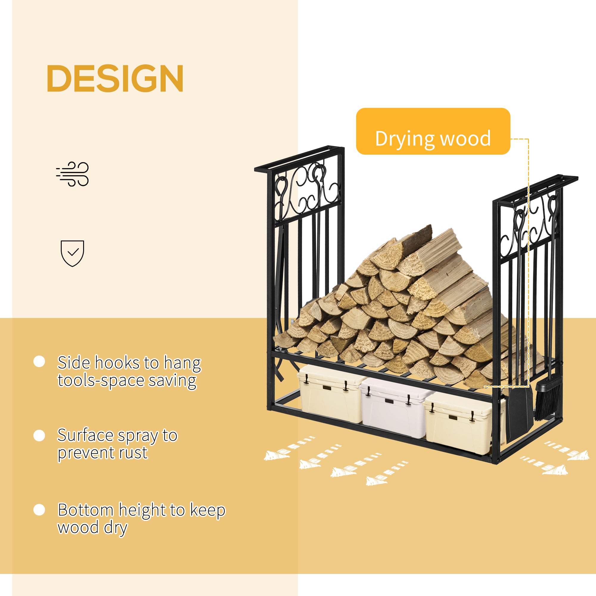 29.5" x 11.75" x 23.5" Heavy Duty Firewood Wood Log Rack Vintage Design Firewood Storage Shelf w/ 4 Tools, Black