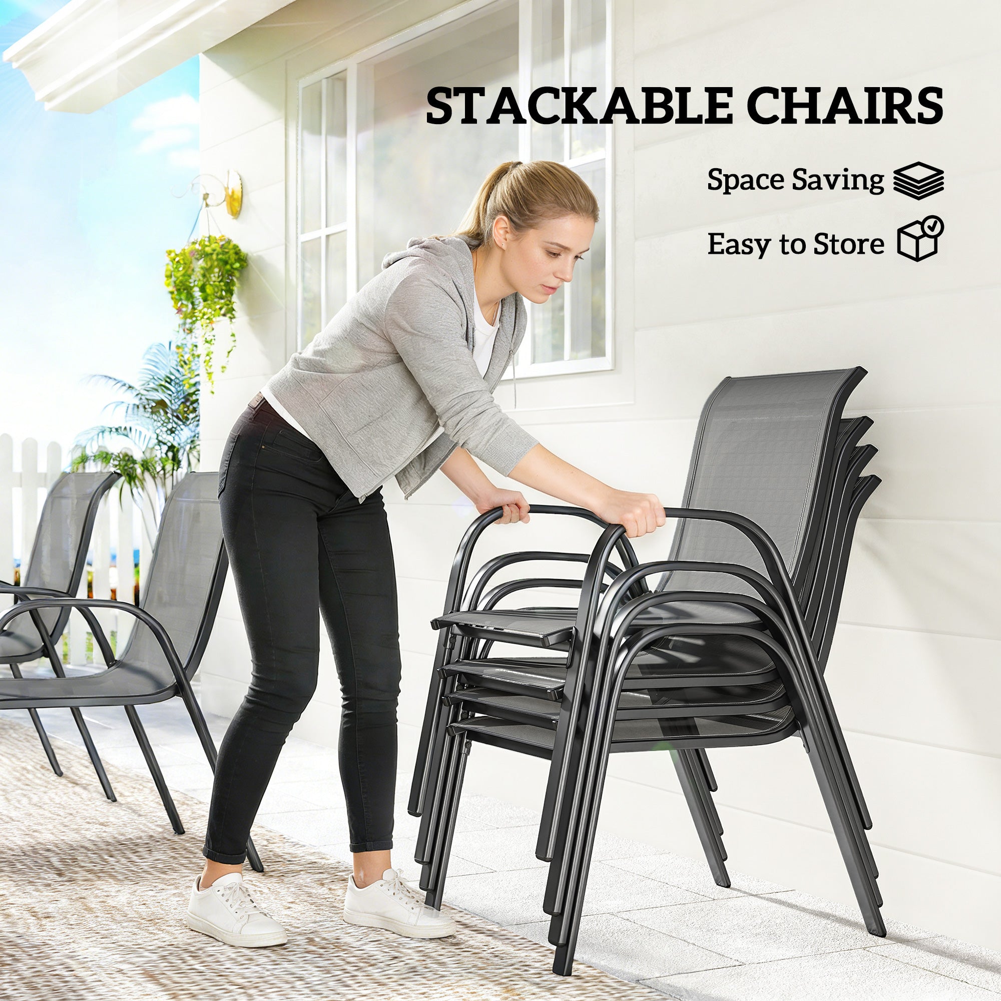 7 Pieces Outdoor Dining Set for 6, Patio Furniture Set with Rectangular Patio Table and Stackable Chairs, Light Grey