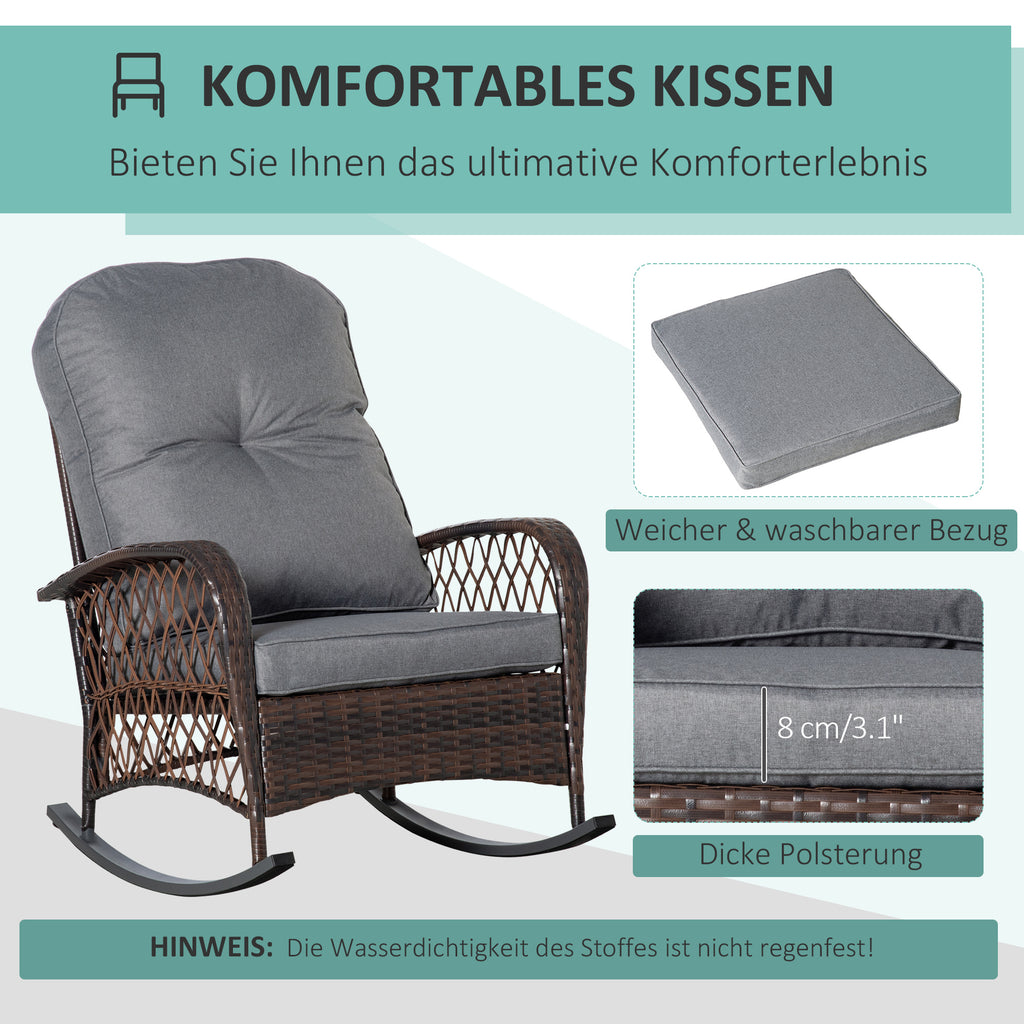 Rattan Rocking Chair, Outdoor Wicker Patio Rocker Chair Furniture with Thick Cushions, for Garden Backyard Porch, Grey