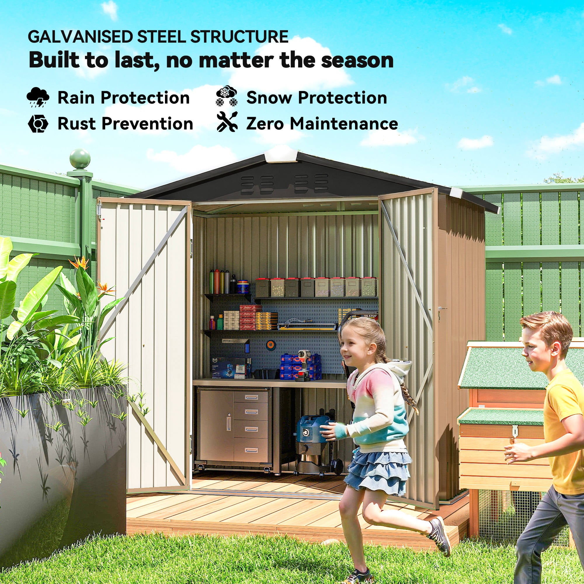 6.5' x 4'  Outdoor Storage Shed, Metal Garden Shed with Lockable Double Doors, 4 Vents, Brown
