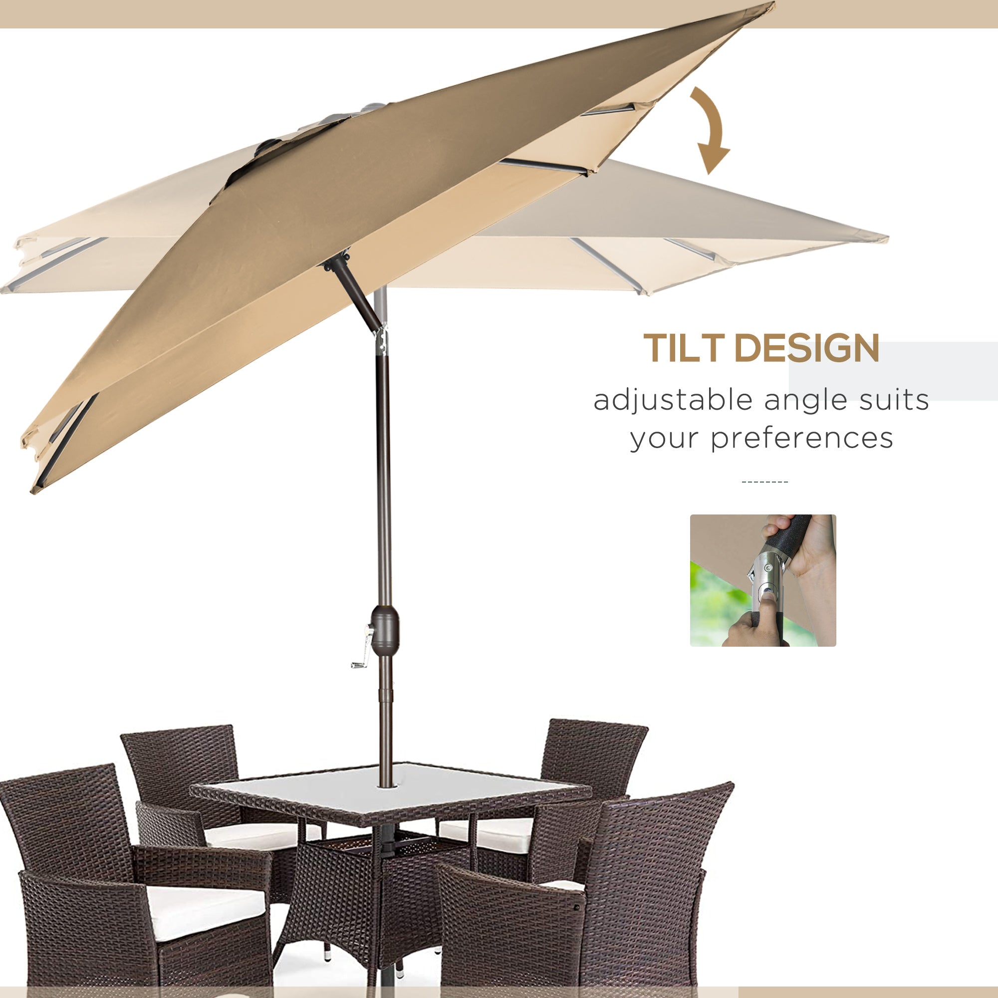 6.5x10ft Patio Umbrella, Rectangle Market Umbrella with Aluminum Frame and Crank Handle, Garden Parasol Outdoor Sunshade Canopy, Tan