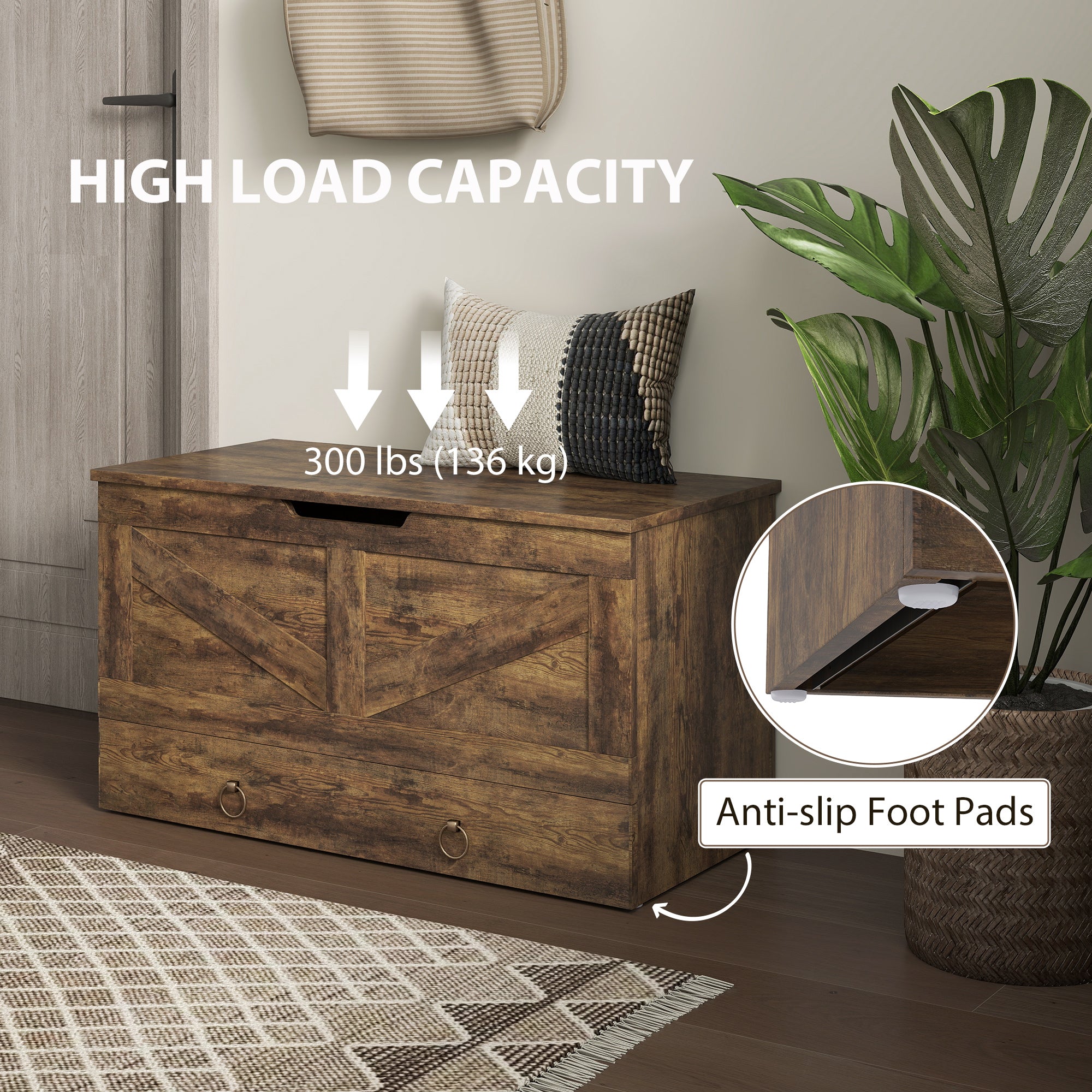 31.5 Inches Storage Chest, Storage Trunk with 2 Safety Hinges for Living Room, Rustic Brown