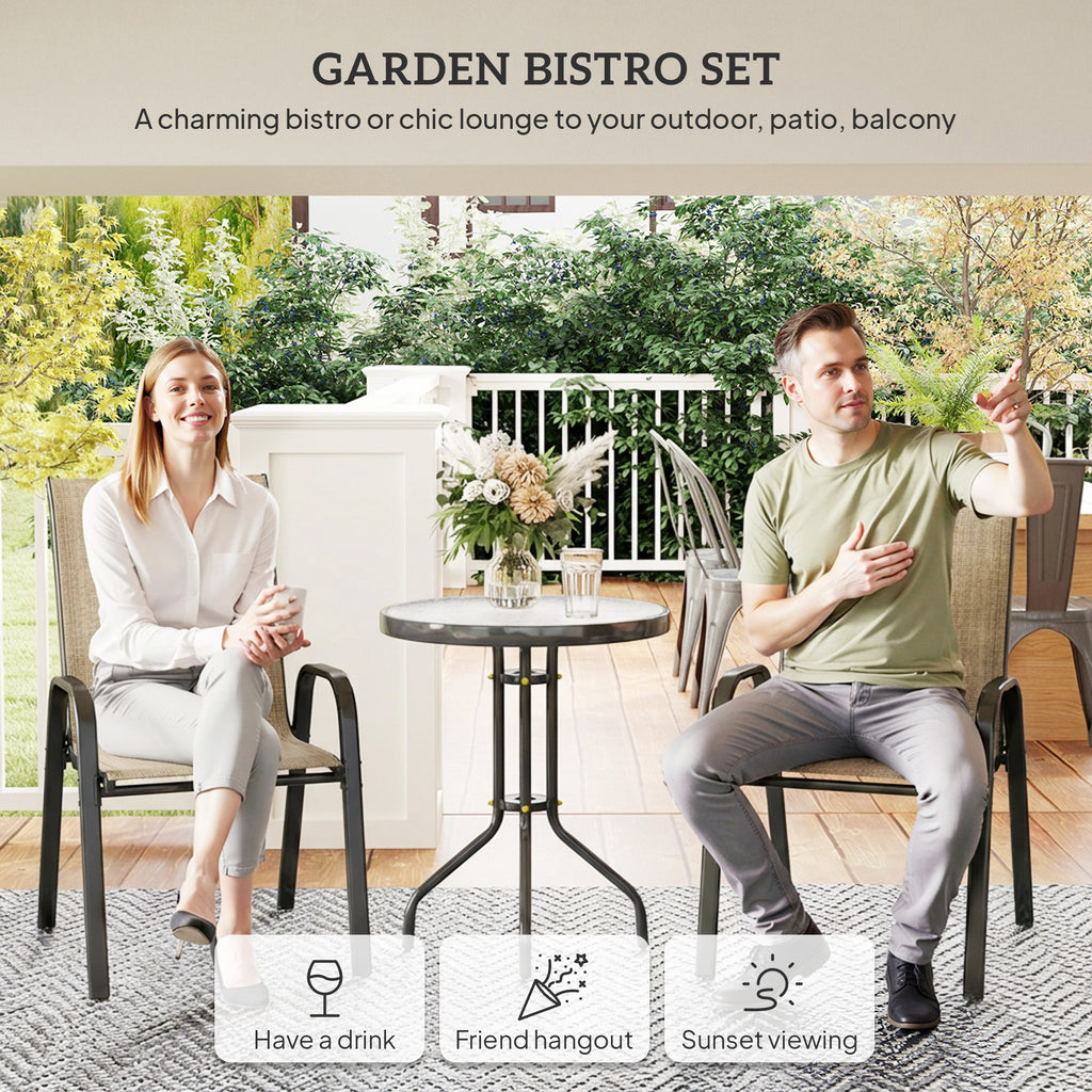 3 Pieces Bistro Set, Small Patio Furniture Set with Stackable Mesh Chairs, Glass Table for Garden, Light Mixed Brown