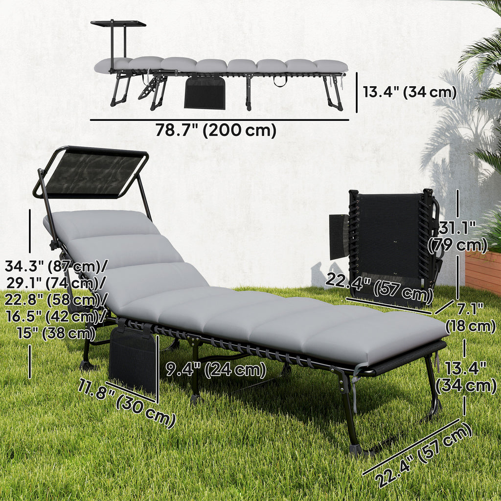 Outdoor Chaise Lounge Chairs, 2 PCS Folding Lounge Chairs with Adjustable 5-Position, Cushion, Canopy, Side Pocket