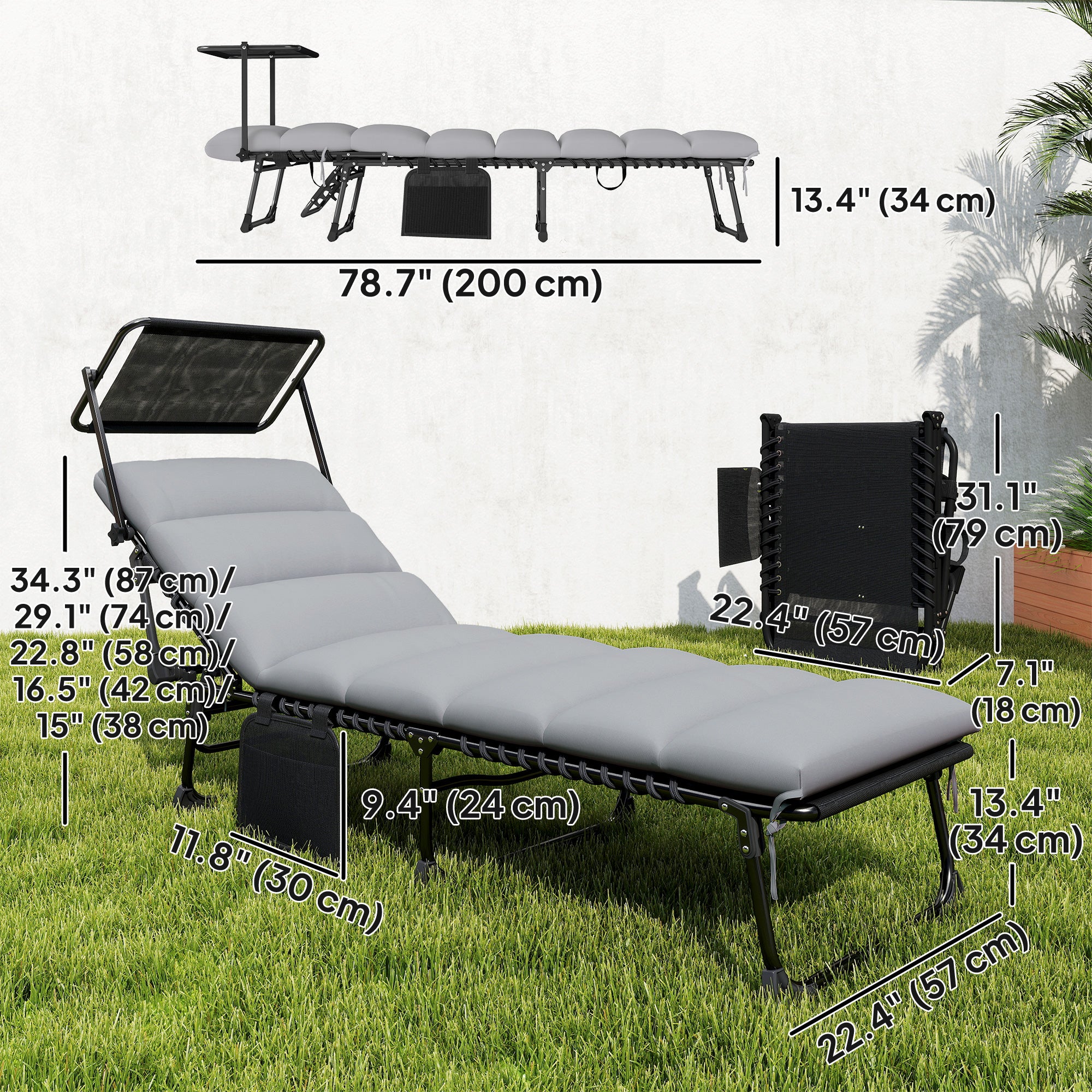 Outdoor Chaise Lounge Chairs, 2 PCS Folding Lounge Chairs with Adjustable 5-Position, Cushion, Canopy, Side Pocket