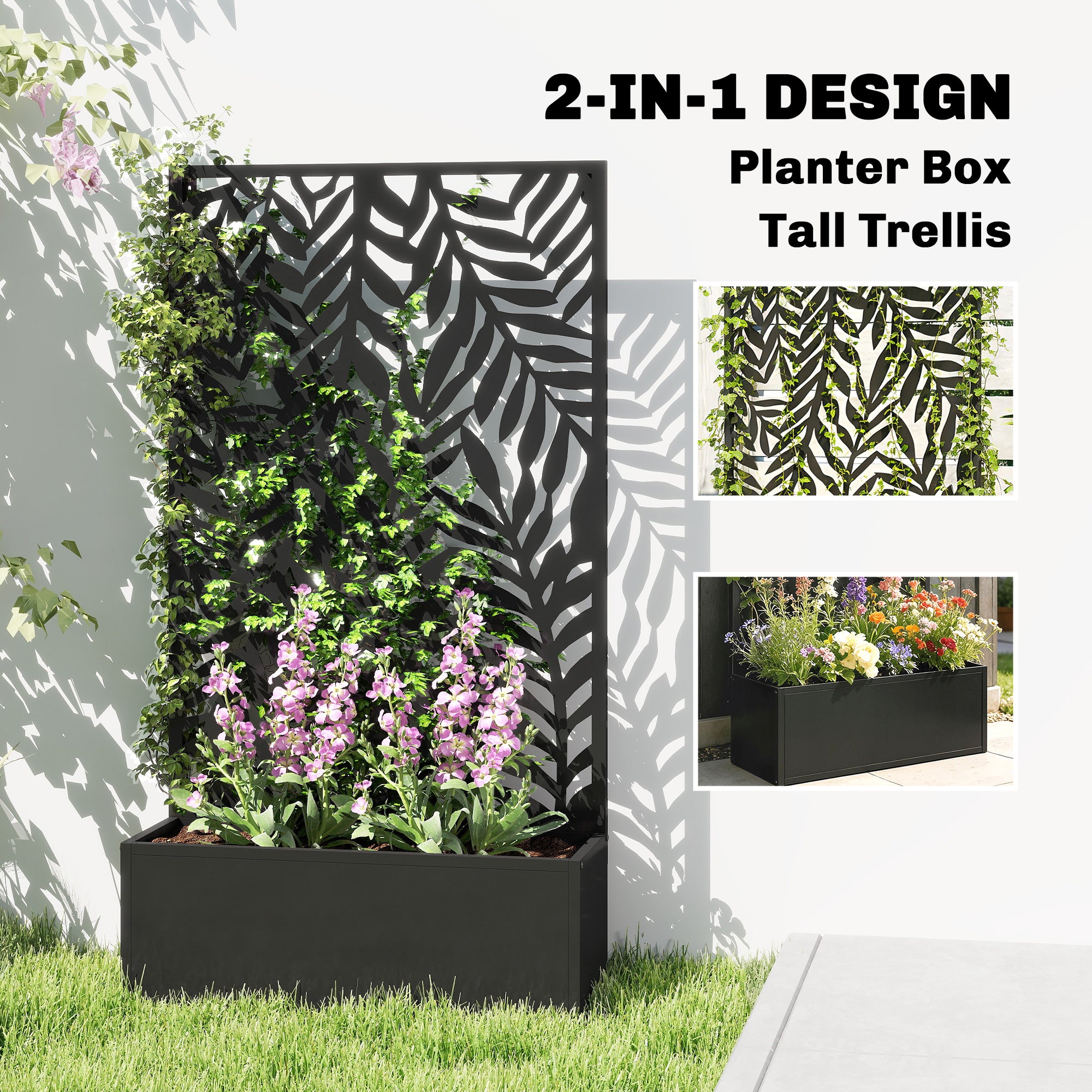 Metal Planter Box with Trellis, 44.5" Raised Garden Bed with Trellis Privacy Screen for Climbing Plants
